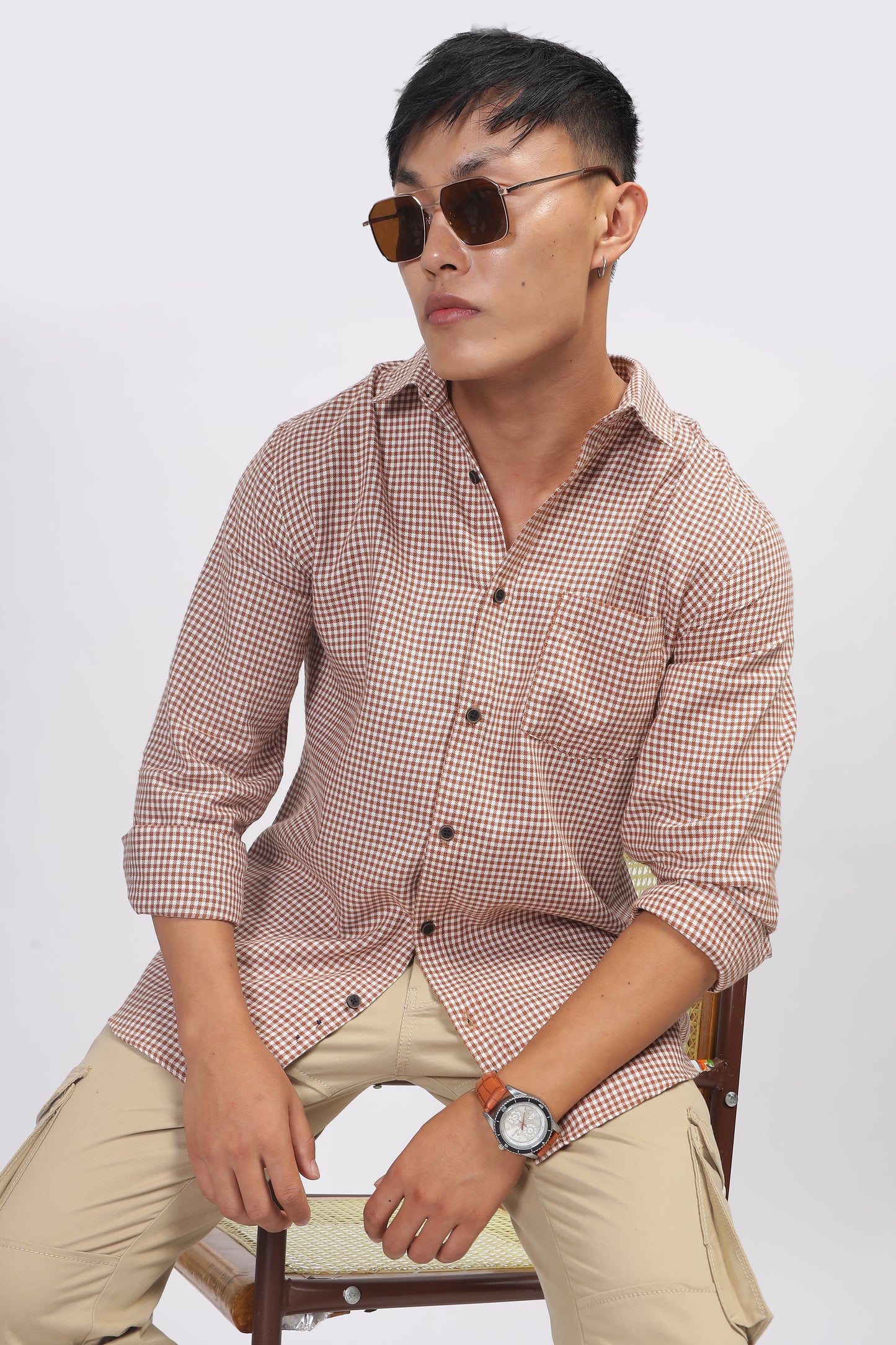 Uri Brown Gingham Check Cotton Shirt