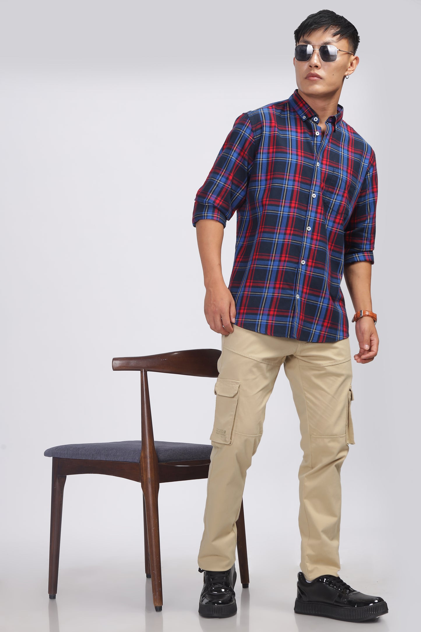 Uri Navy Checked Cotton Casual Shirt