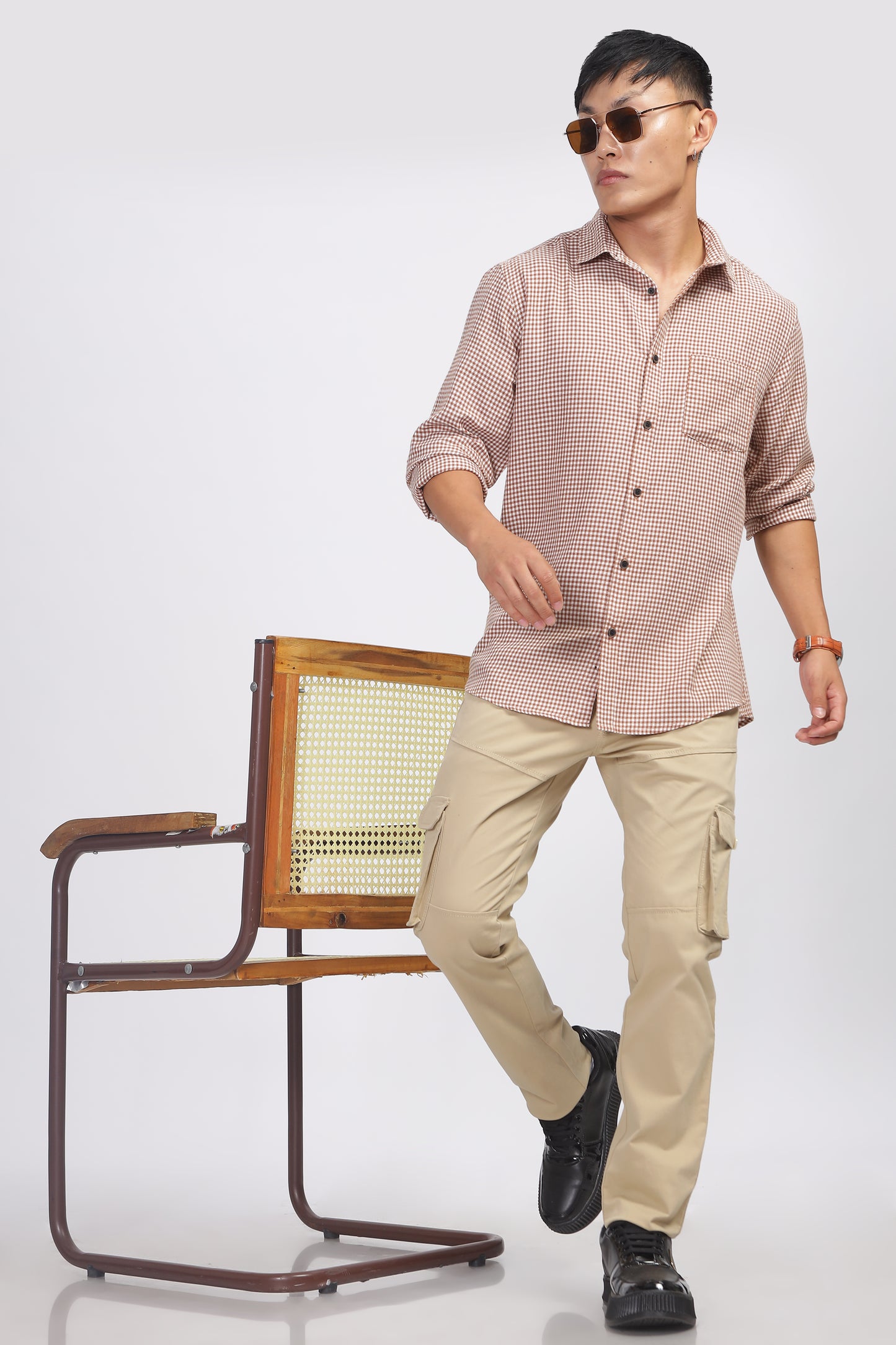 Uri Brown Gingham Check Cotton Shirt