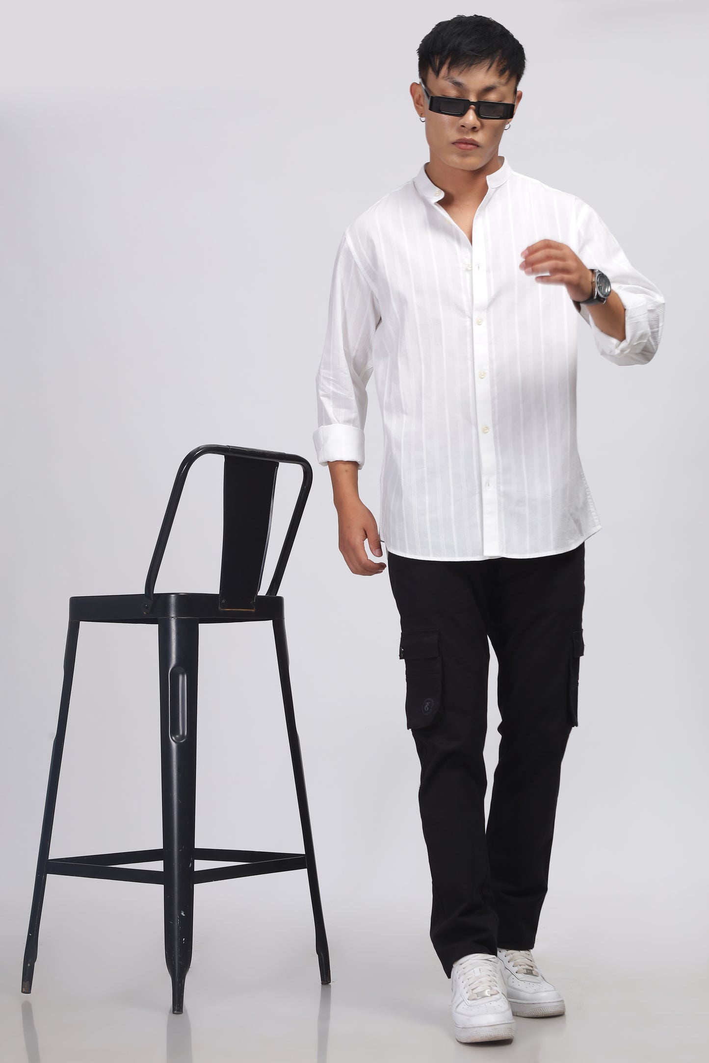 Uri White Striped Mandarin Collar Shirt