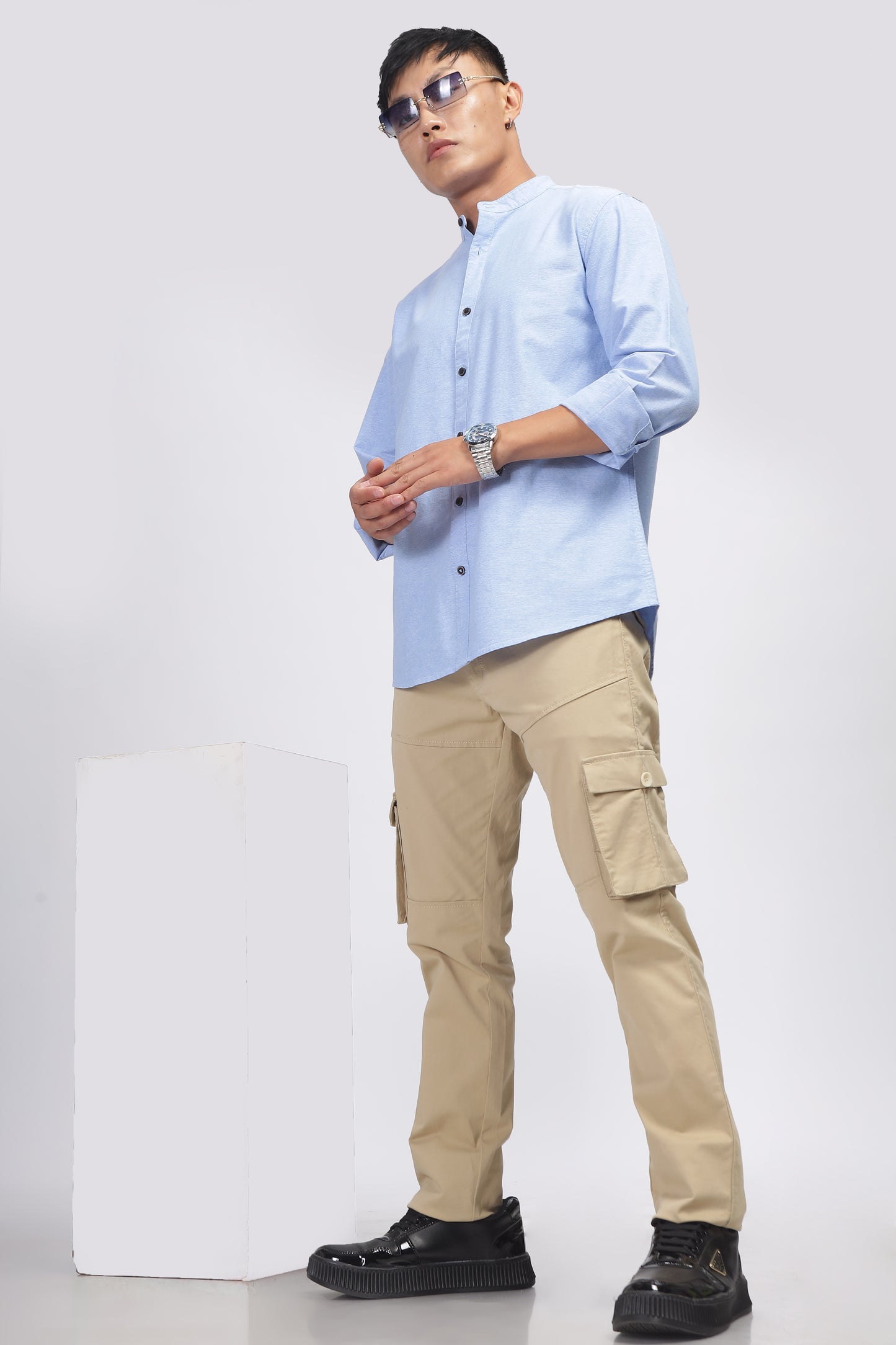 Uri Blue Mandarin Collar Oxford Shirt