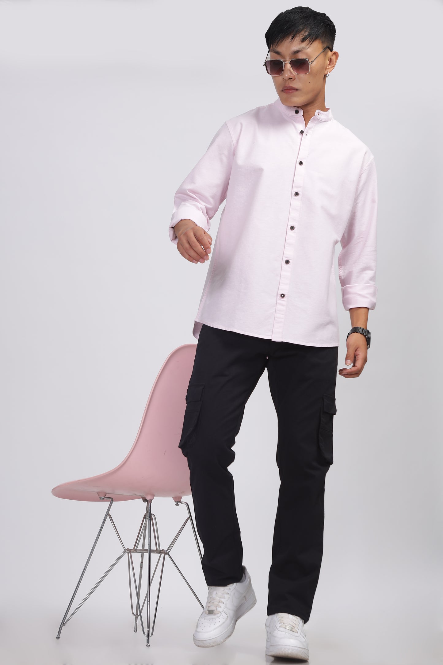 Uri Baby Pink Mandarin Collar Oxford Shirt