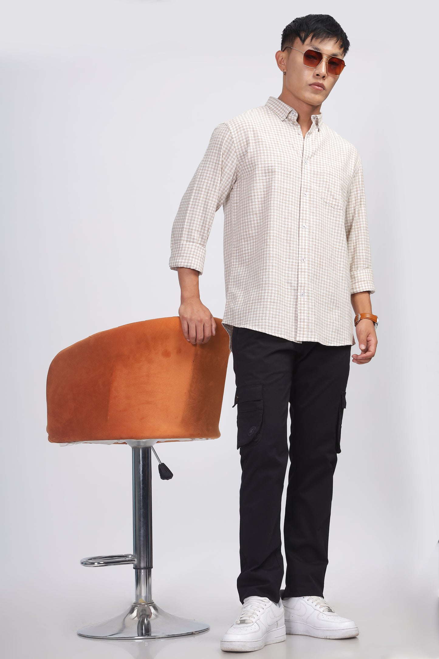 Uri Light Brown Gingham Check Cotton Shirt