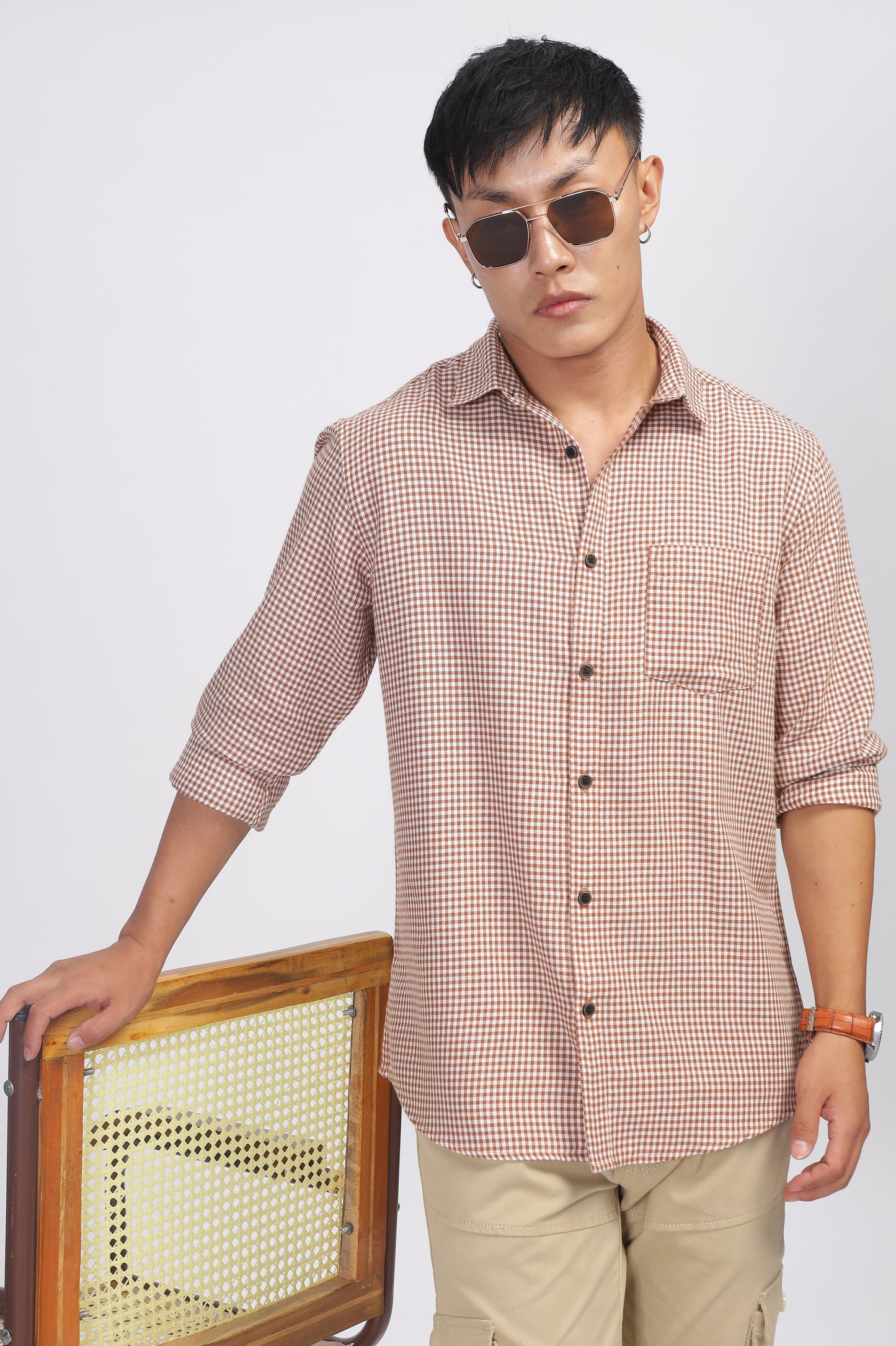 Uri Brown Gingham Check Cotton Shirt