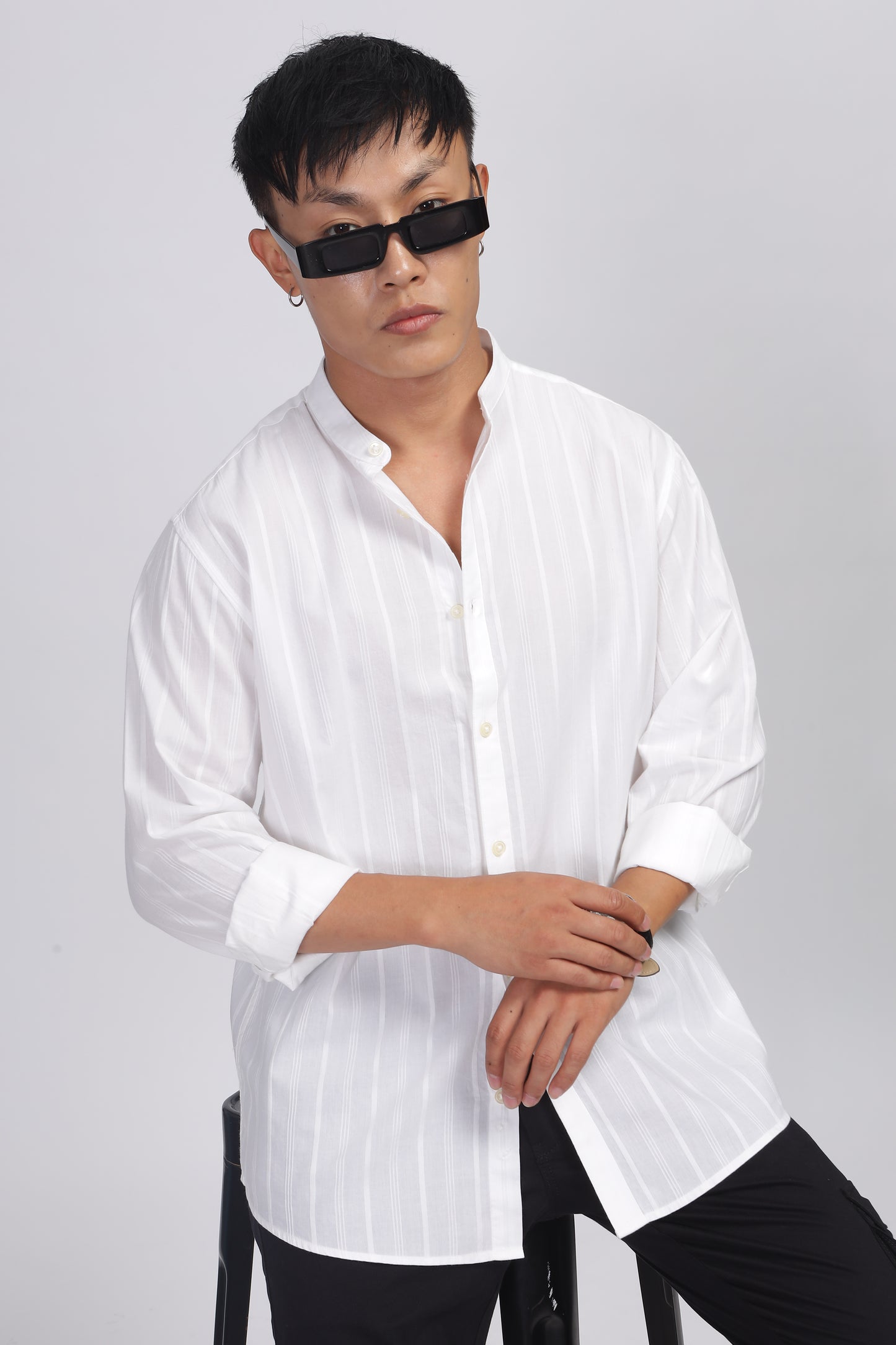 Uri White Striped Mandarin Collar Shirt