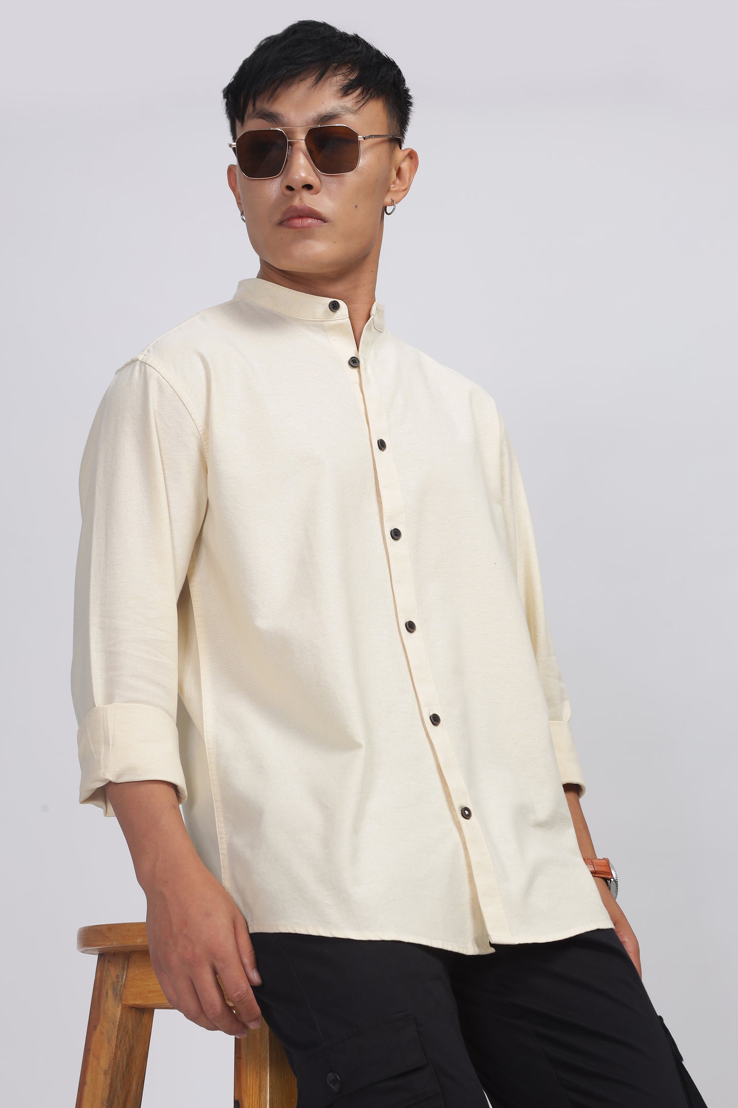 Uri Yellow Mandarin Collar Oxford Shirt