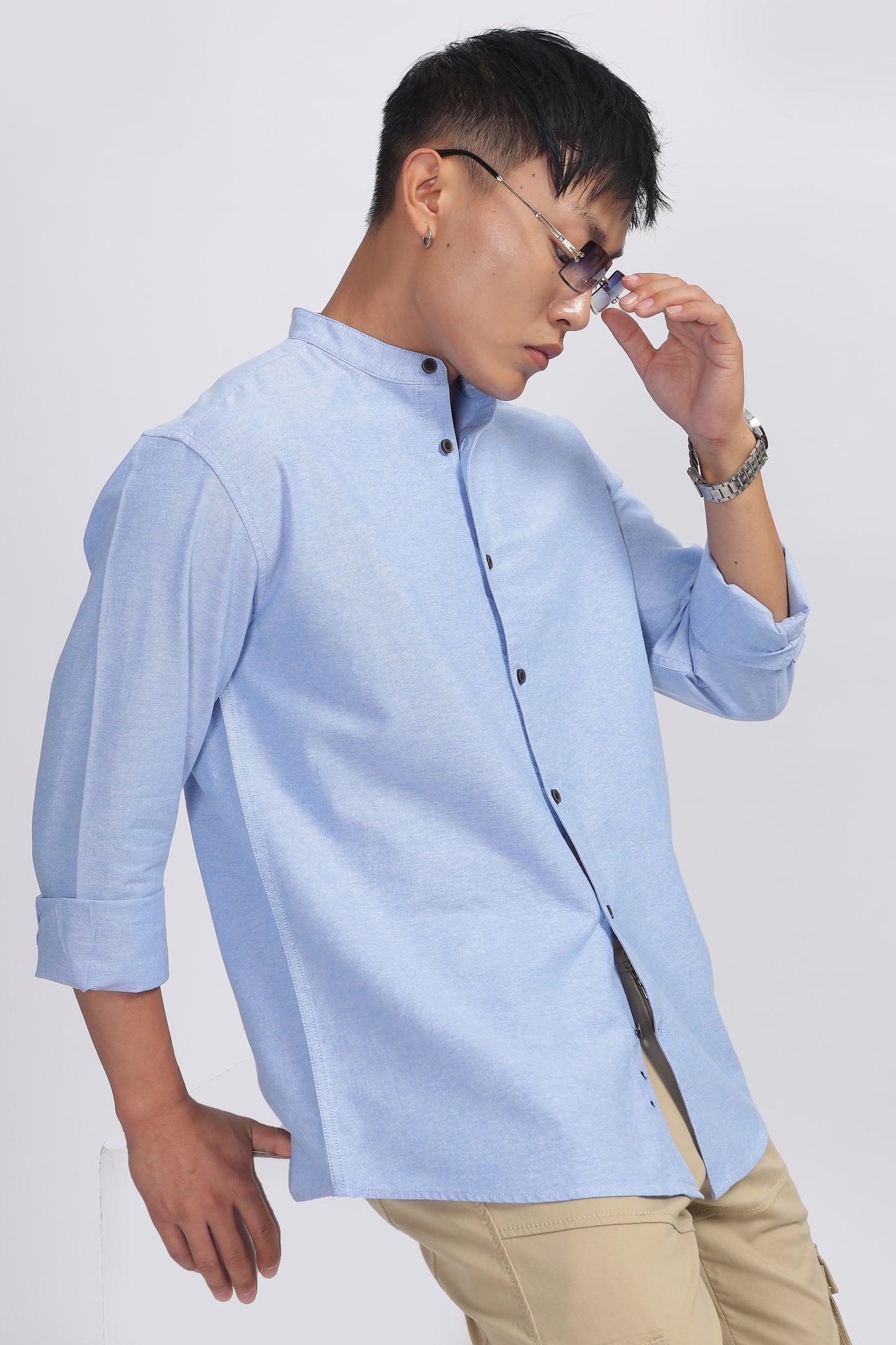 Uri Blue Mandarin Collar Oxford Shirt