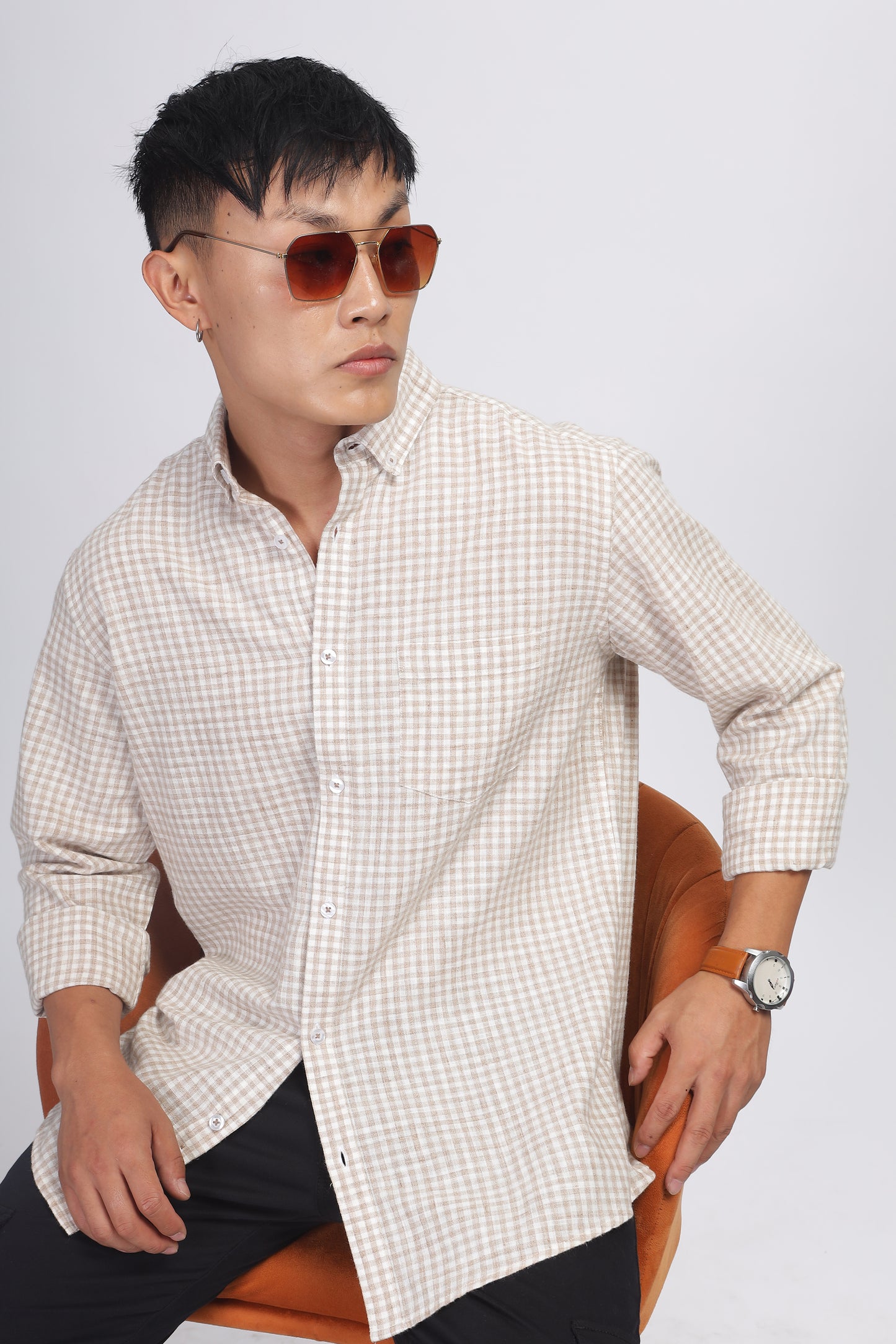Uri Light Brown Gingham Check Cotton Shirt