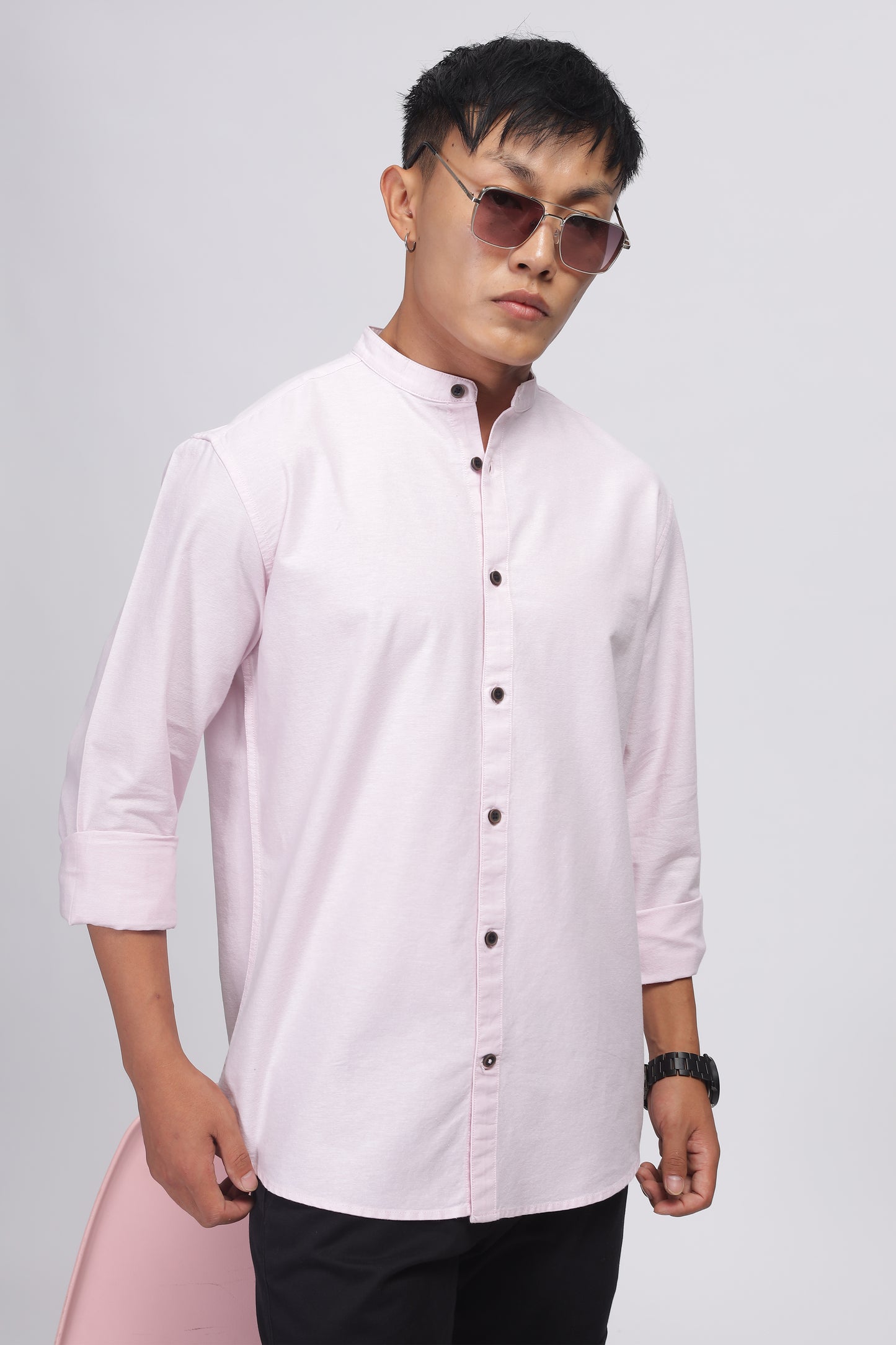 Uri Baby Pink Mandarin Collar Oxford Shirt