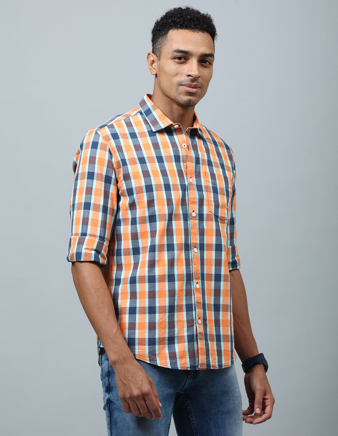 Men Orange Checked Cotton Regular Fit Casual Shirt - Kashyap Global Lifestyles LLP