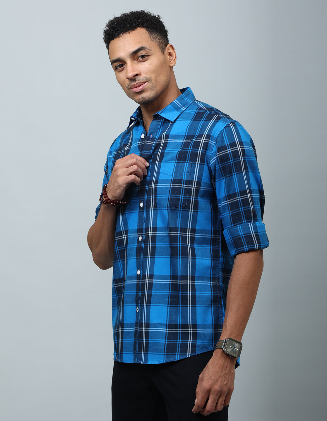 Men Dark Blue Checked Casual Shirt - Kashyap Global Lifestyles LLP