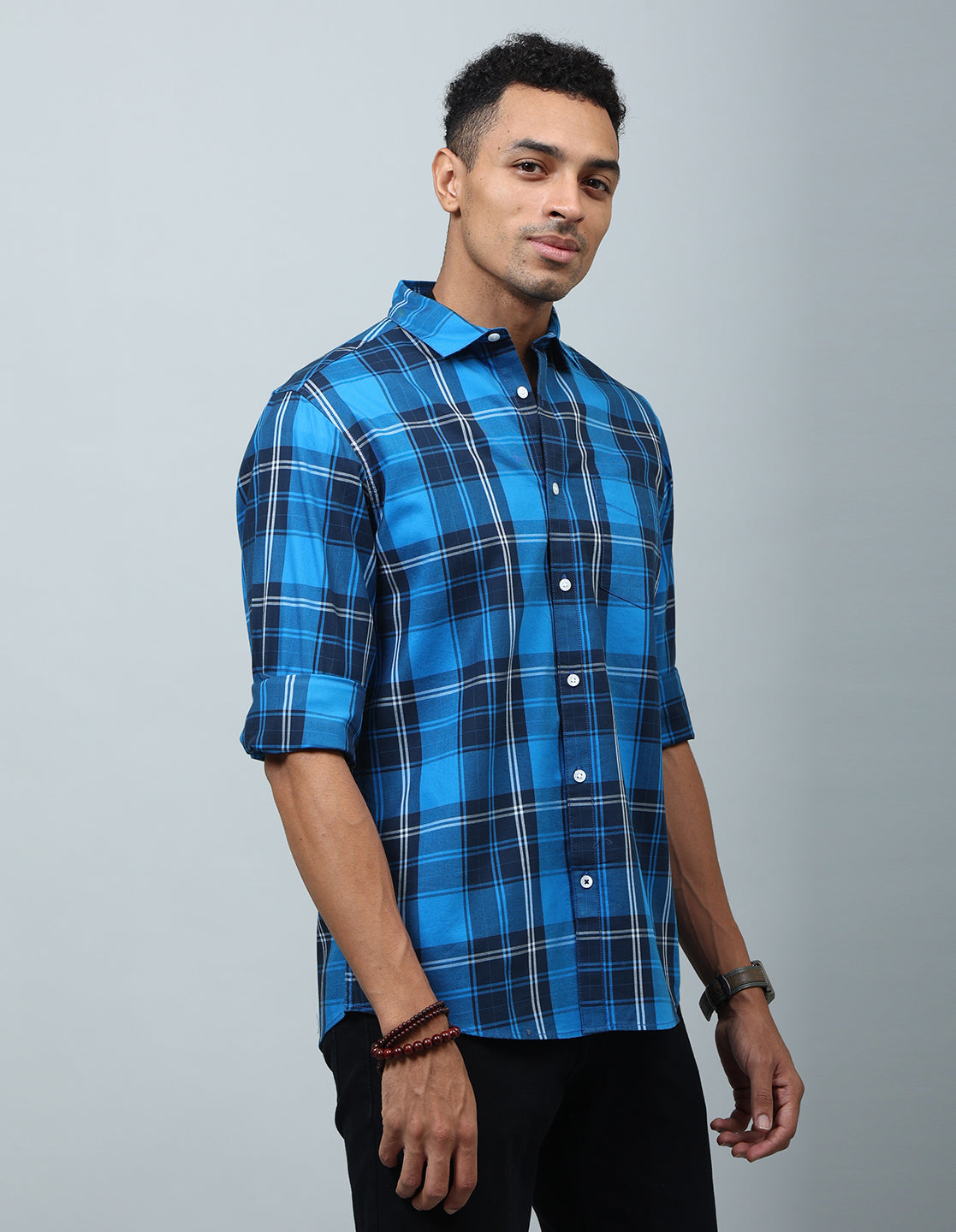 Men Dark Blue Checked Casual Shirt - Kashyap Global Lifestyles LLP