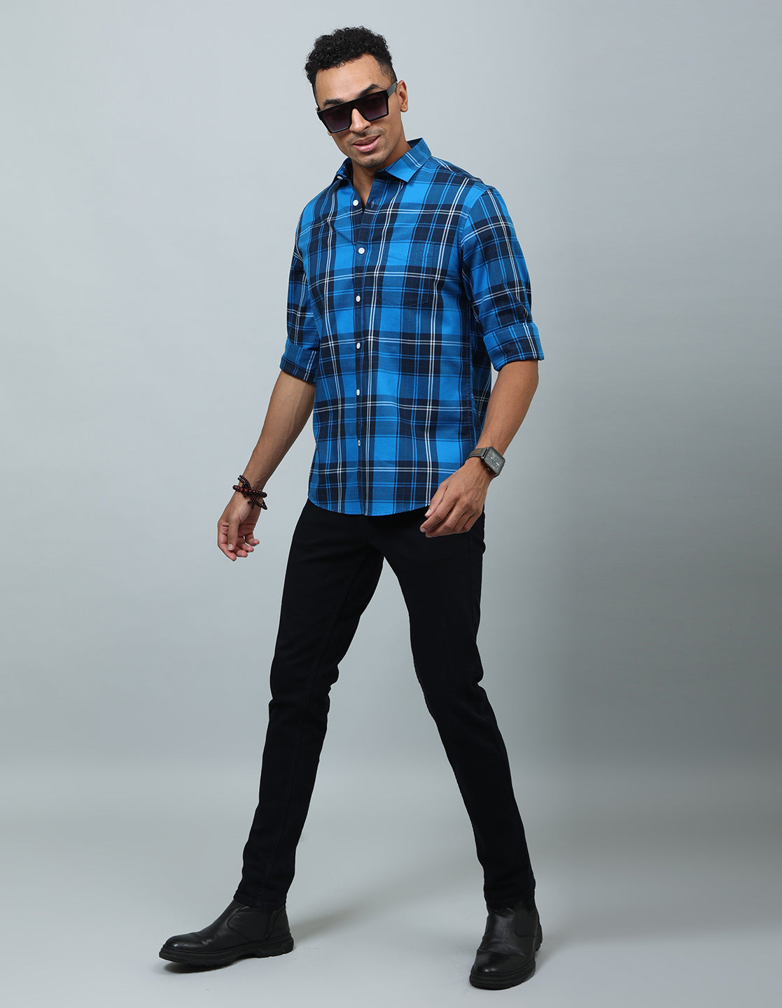 Men Dark Blue Checked Casual Shirt - Kashyap Global Lifestyles LLP
