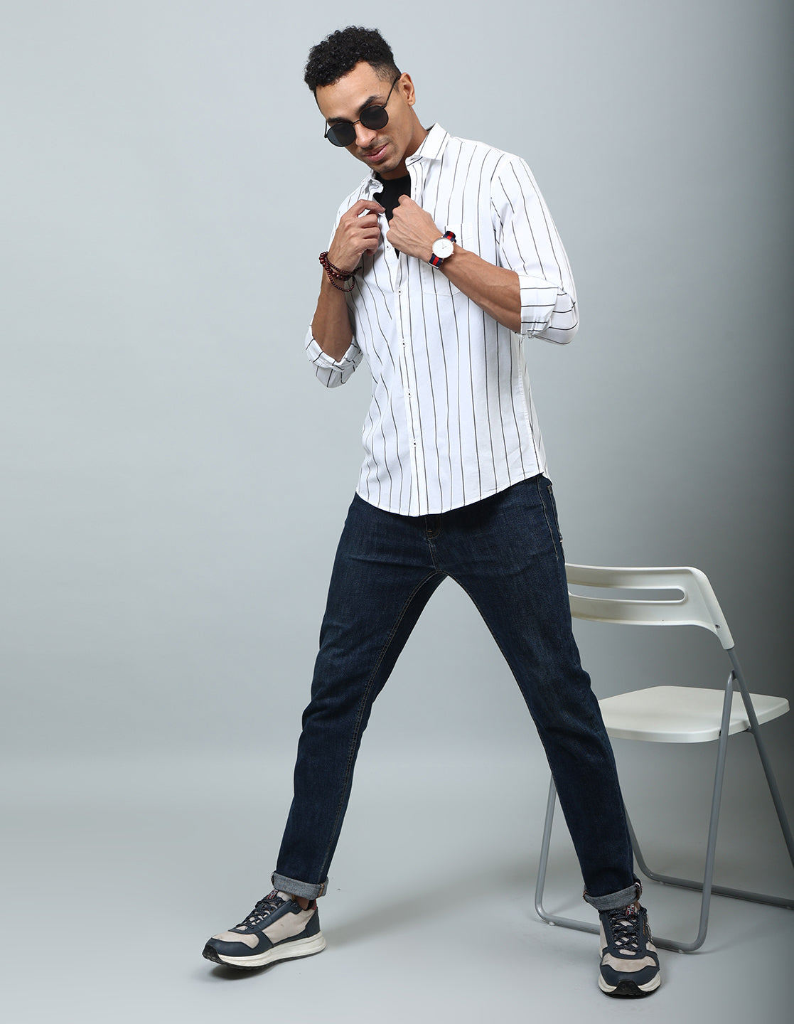 Men White Regular Fit Striped Casual Shirt - Kashyap Global Lifestyles LLP