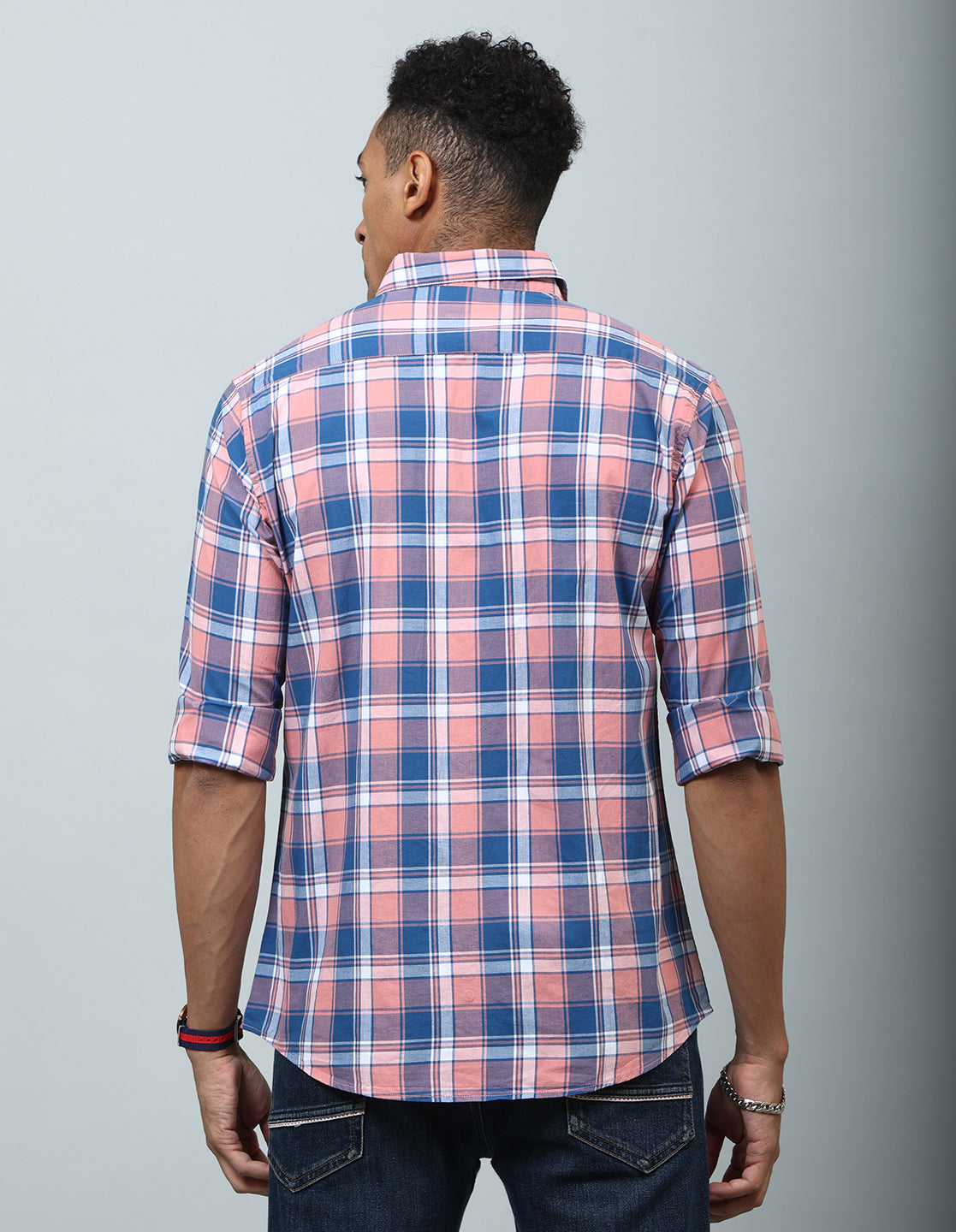Men Peach Checked Regular Fit Casual Shirt - Kashyap Global Lifestyles LLP