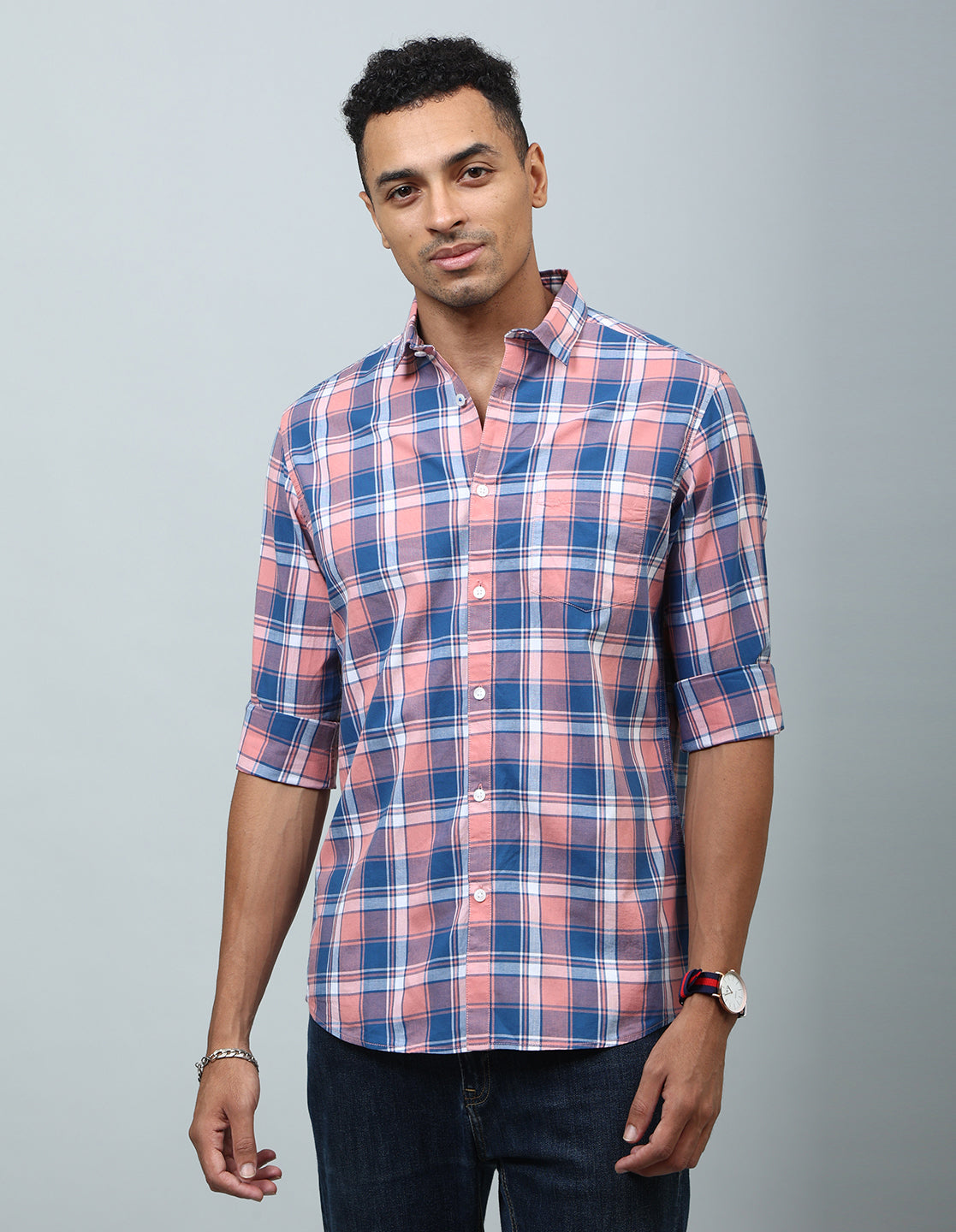 Men Peach Checked Regular Fit Casual Shirt - Kashyap Global Lifestyles LLP