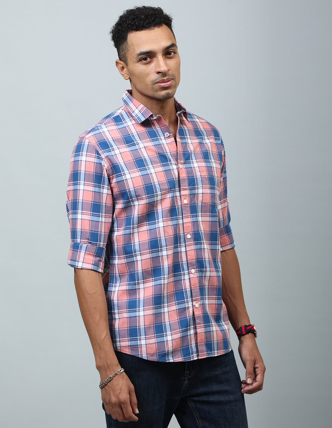 Men Peach Checked Regular Fit Casual Shirt - Kashyap Global Lifestyles LLP