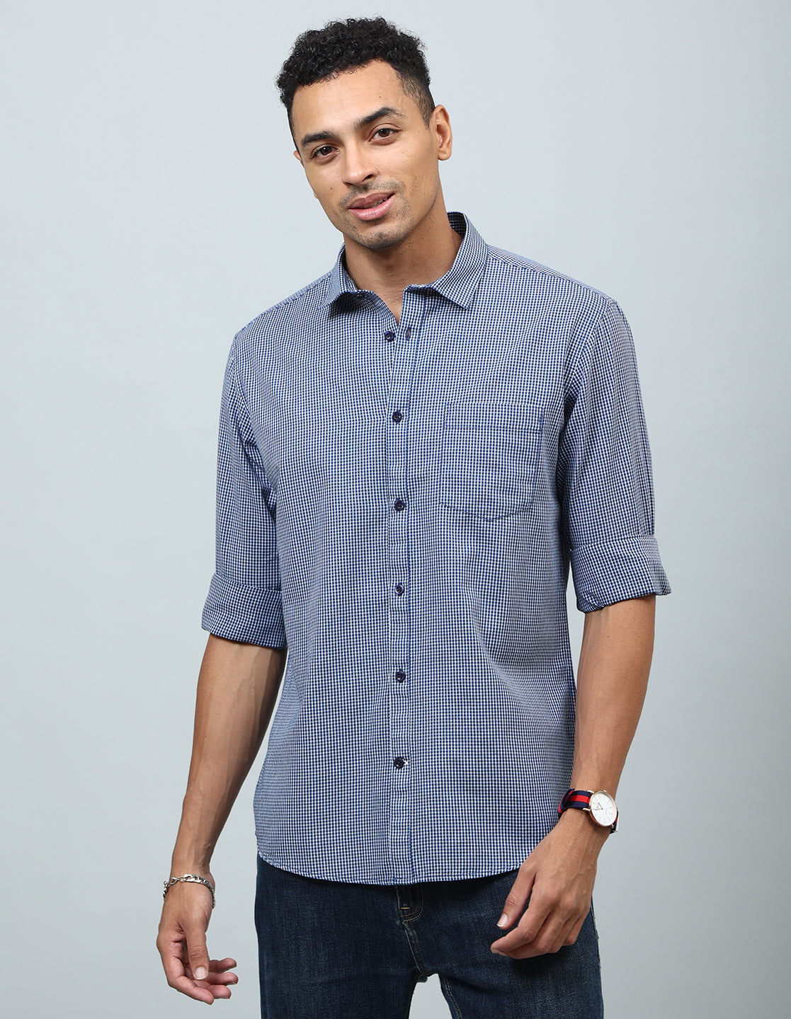 Men Blue Gingam Checked Casual Shirt - Kashyap Global Lifestyles LLP