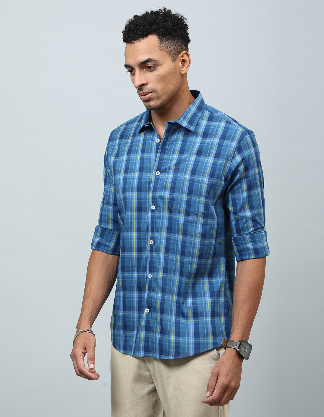Men Blue Checked Cotton Regular Fit Casual Shirt - Kashyap Global Lifestyles LLP