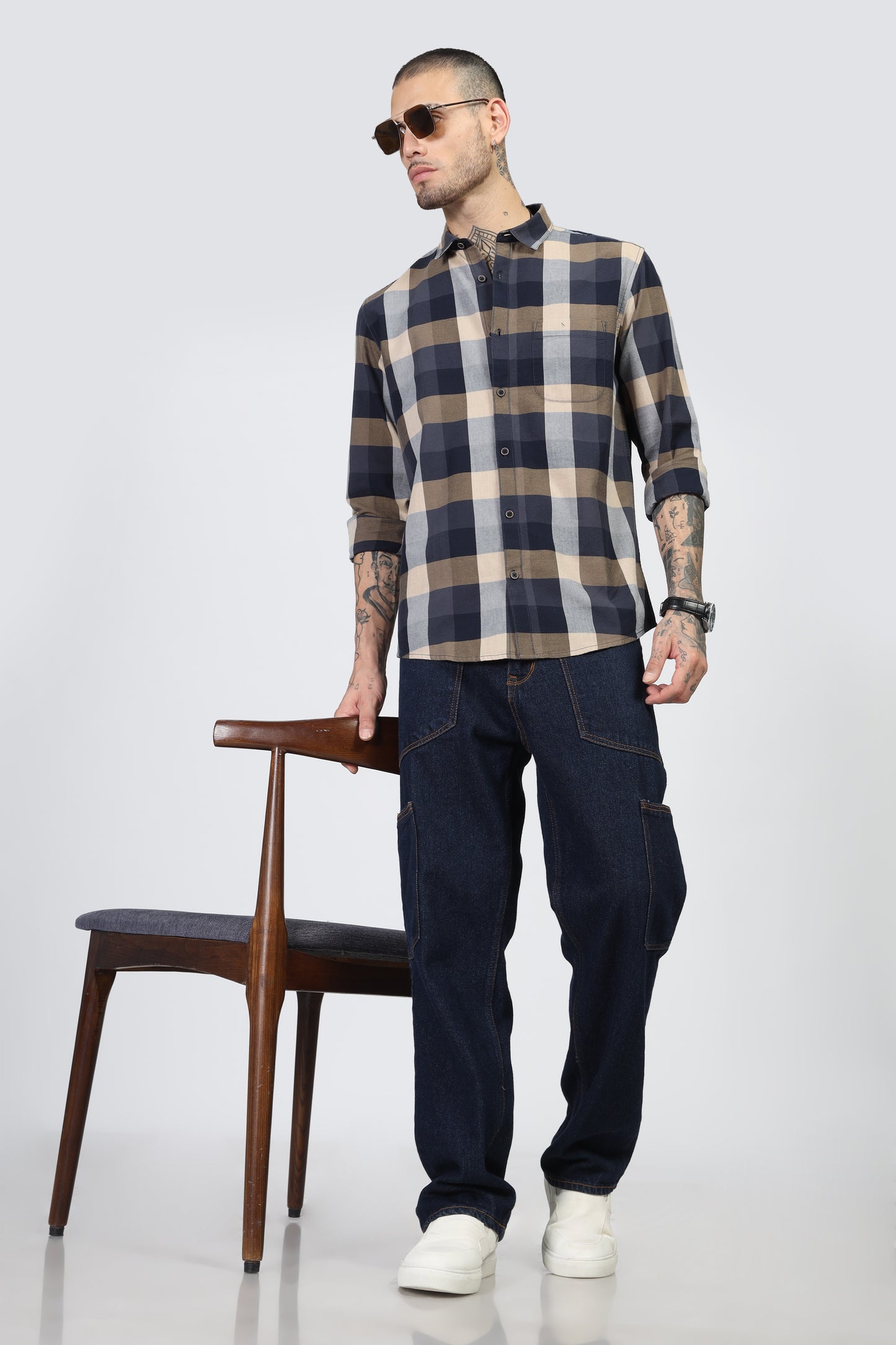 Uri Navy Flannel Checks Cotton Shirt