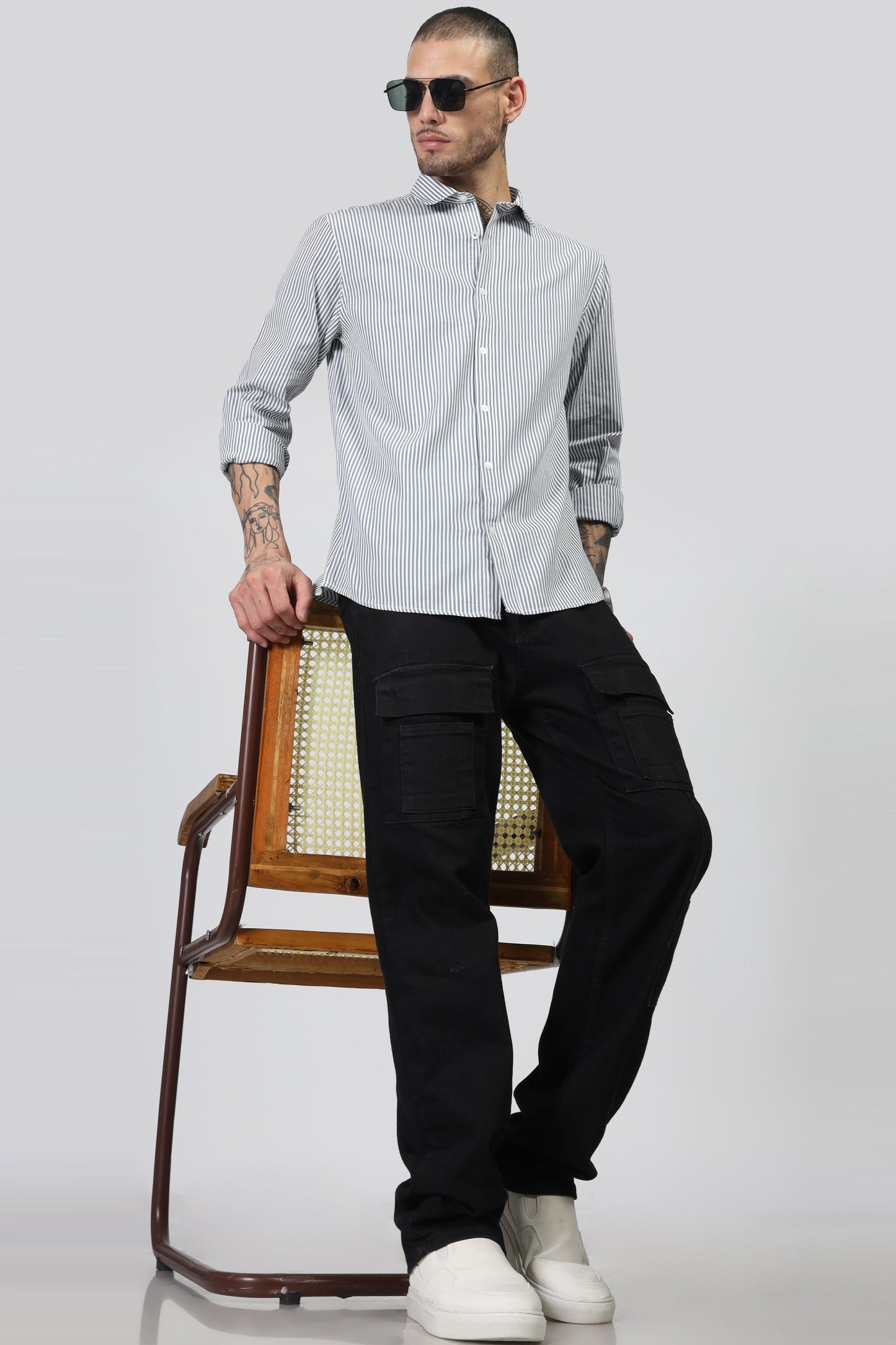 Uri White & Olive Stripe Full Sleeve Shirt