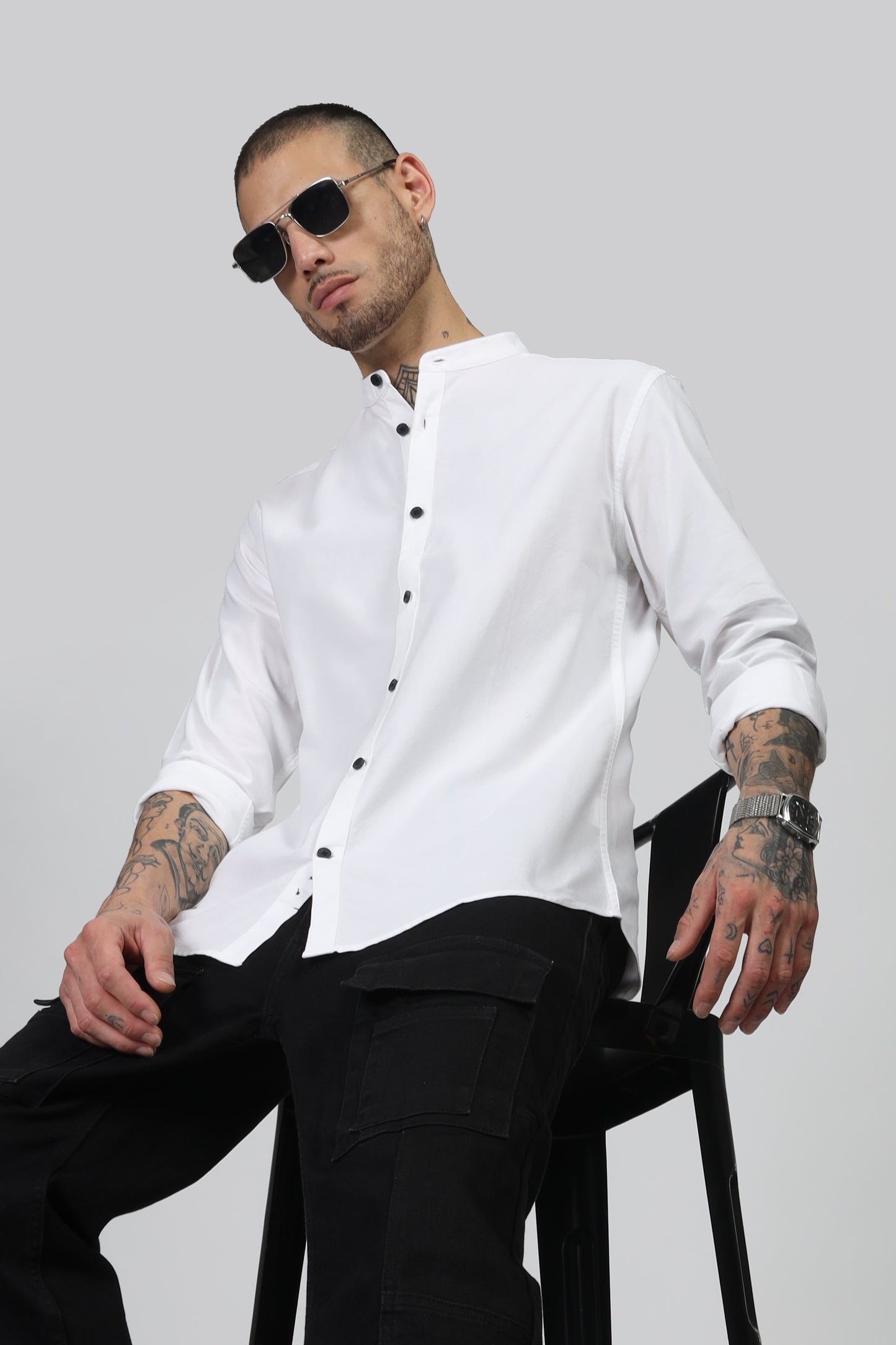 Uri White Mandarin Collar Oxford Shirt