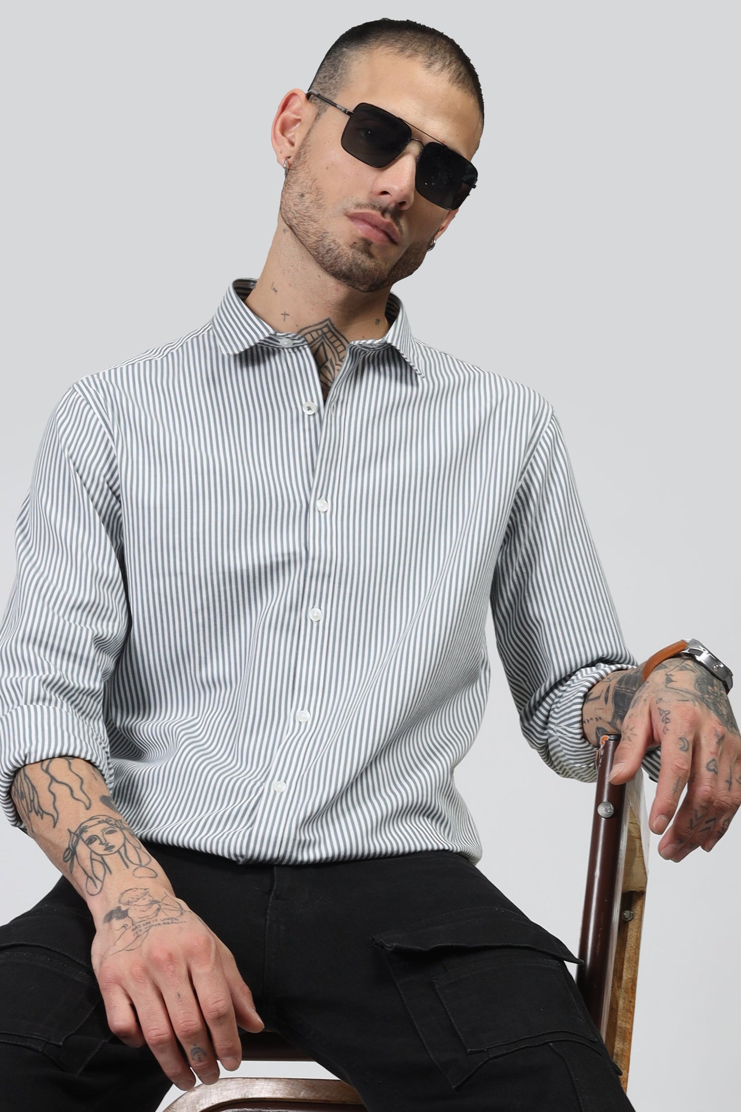 Uri White & Olive Stripe Full Sleeve Shirt