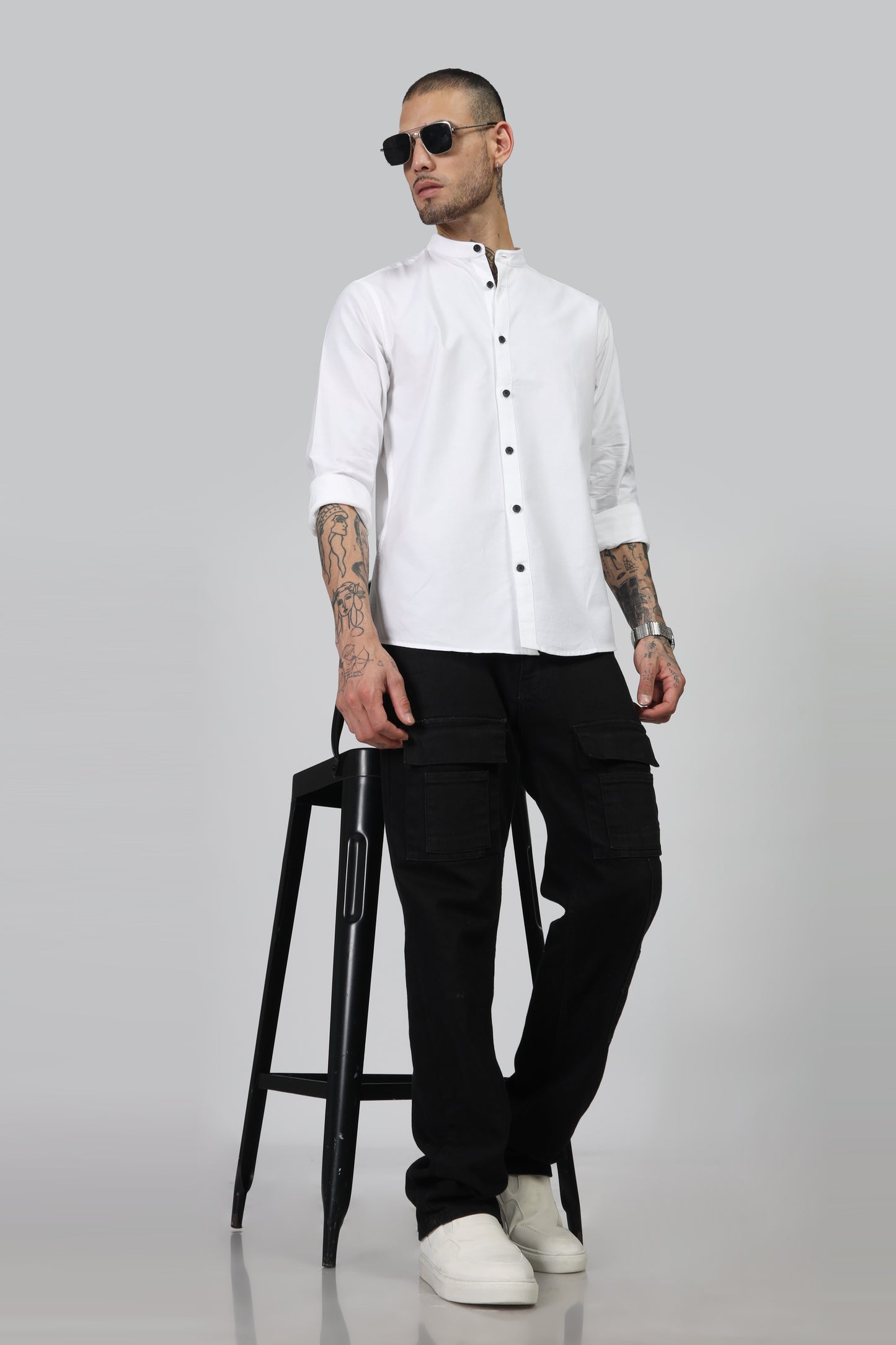 Uri White Mandarin Collar Oxford Shirt