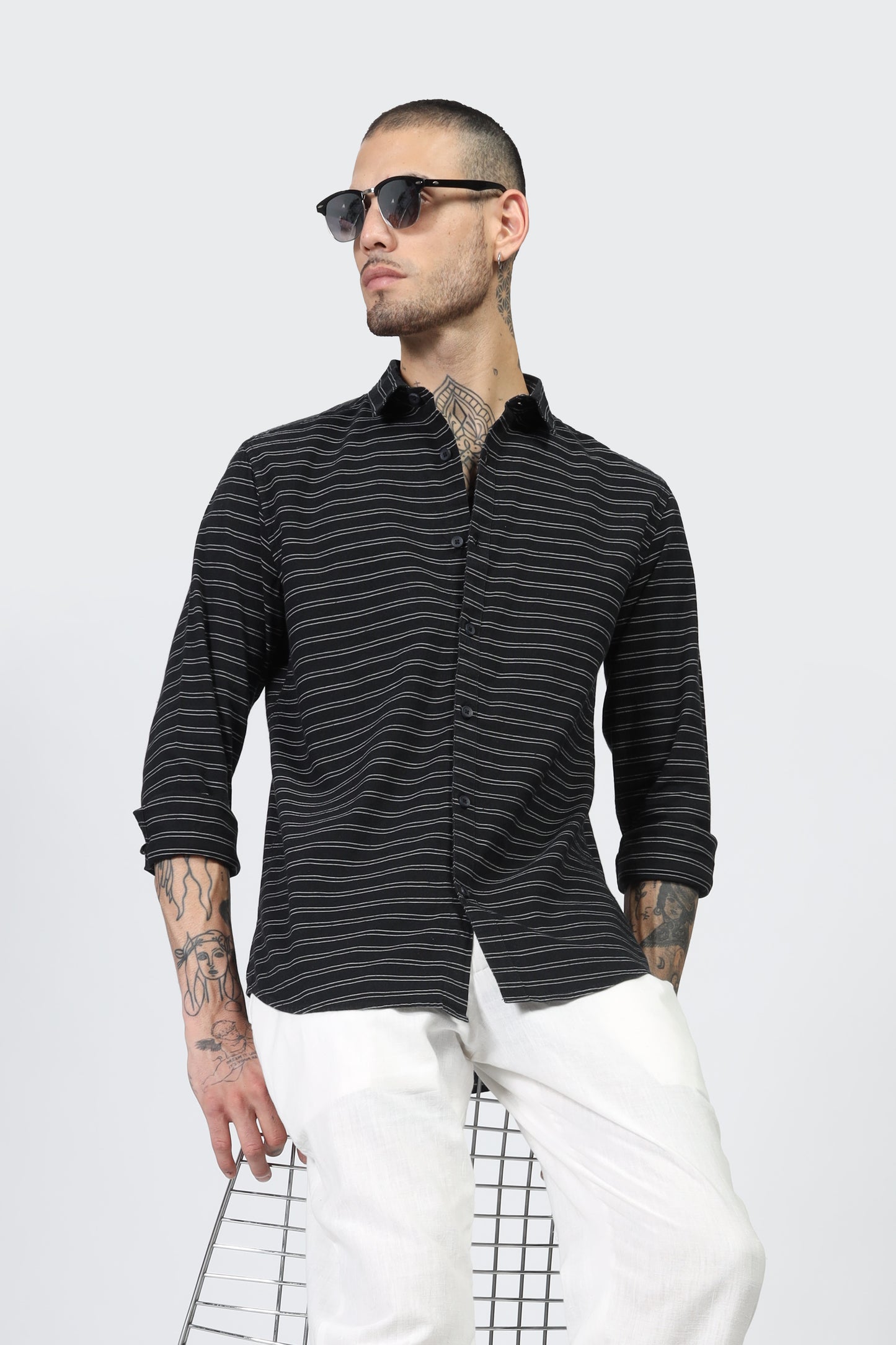 Uri Black Horizontal Stripe Full Sleeve Shirt