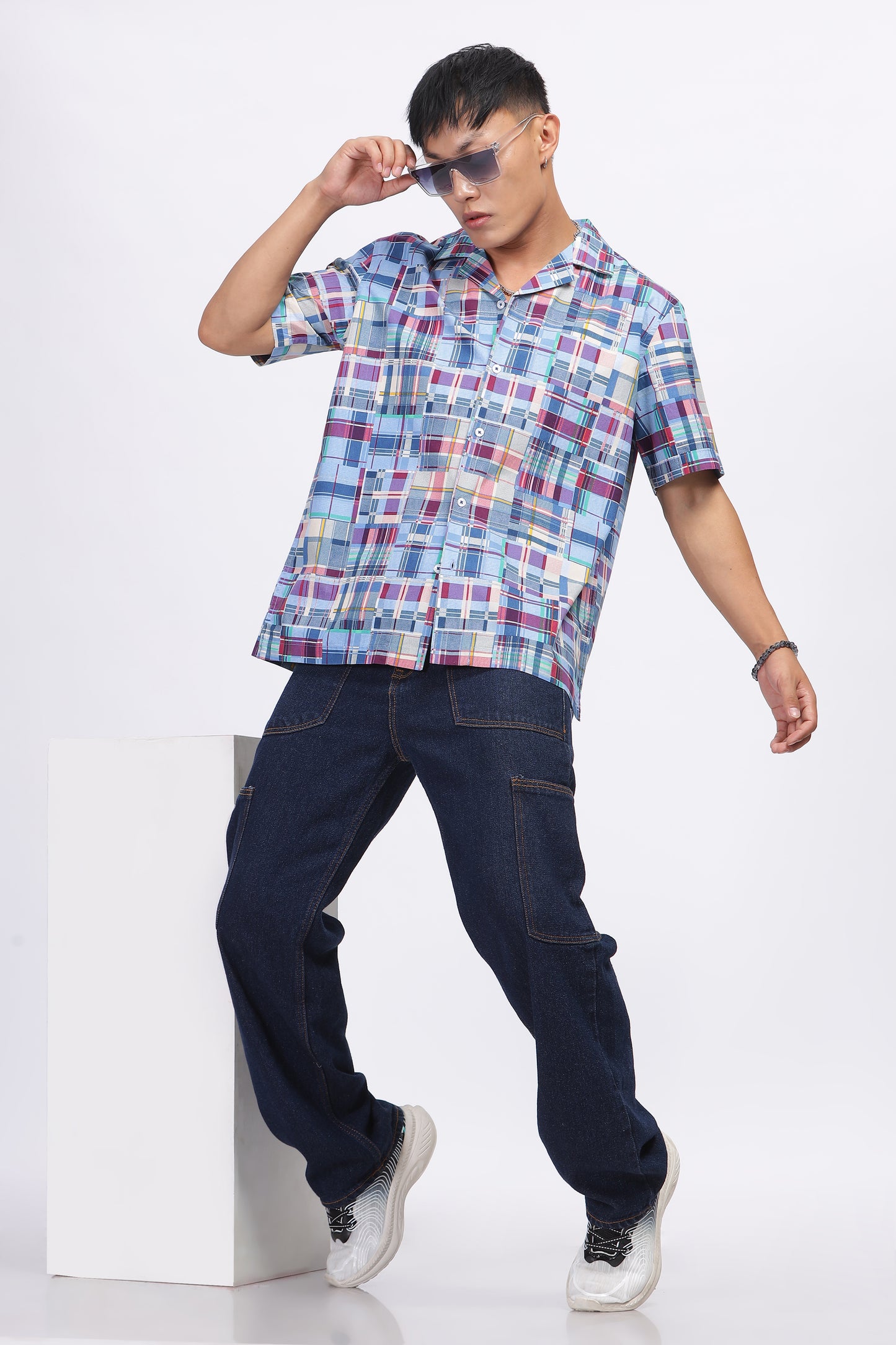 Uri Cuban Collar Patch Work Half Sleeve Casual Shirt