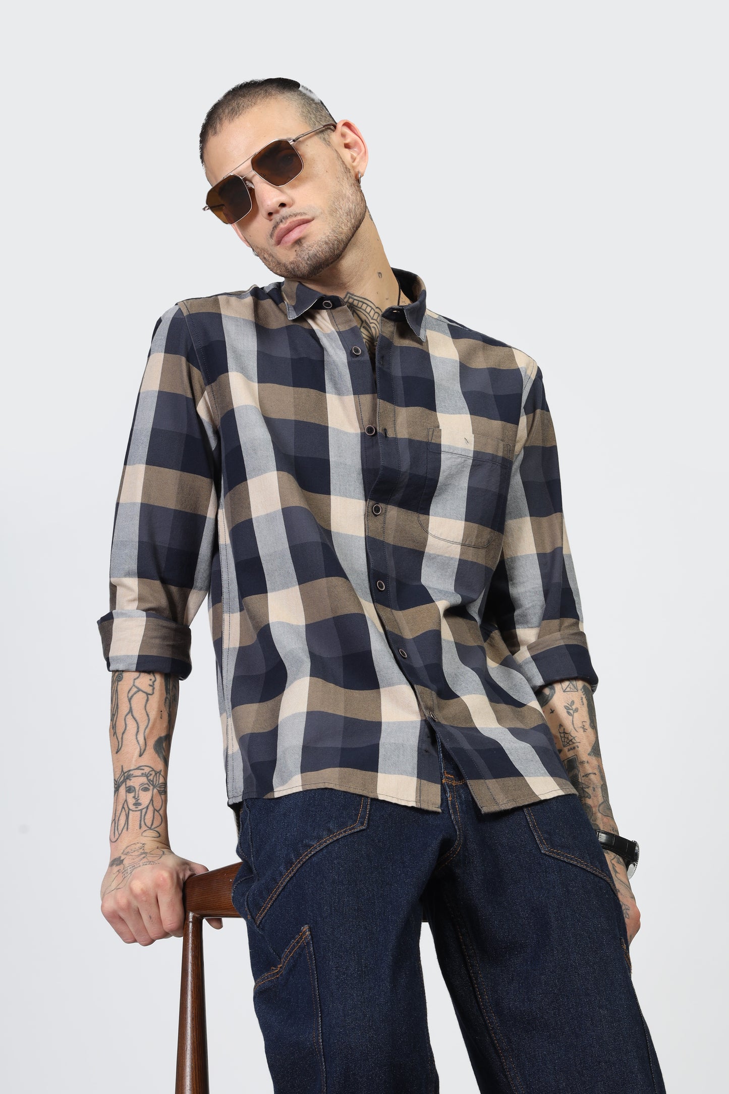 Uri Navy Flannel Checks Cotton Shirt