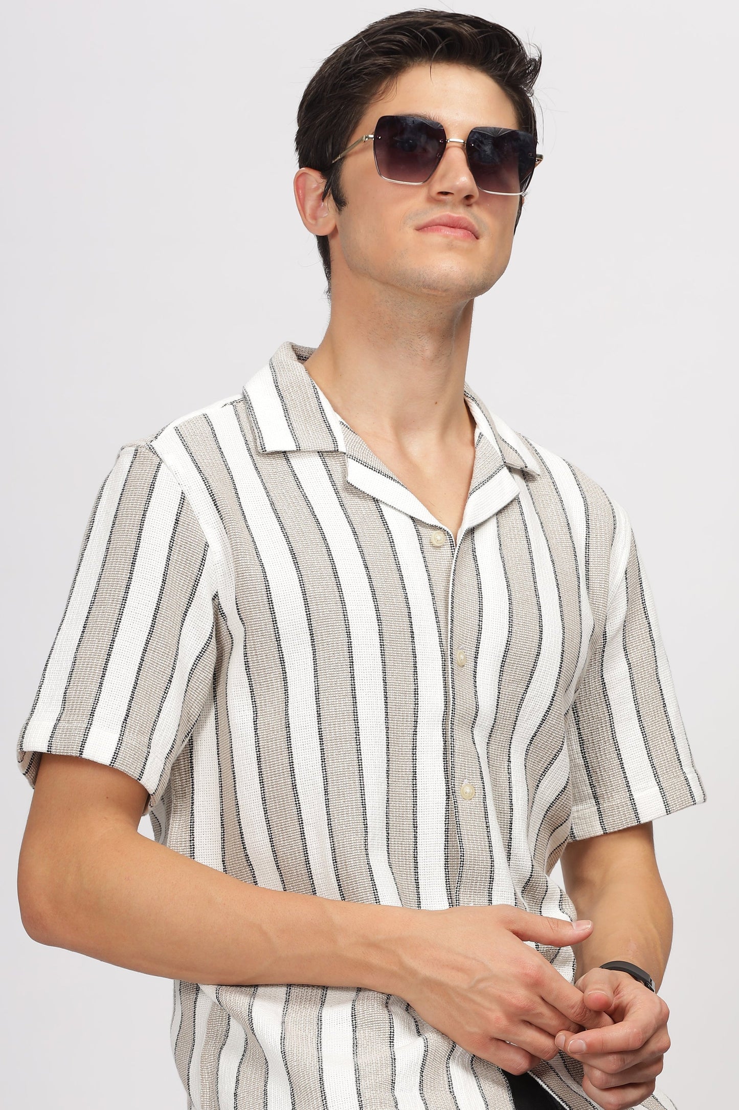 Uri Brown Cuban Collar Matte Weave Shirt