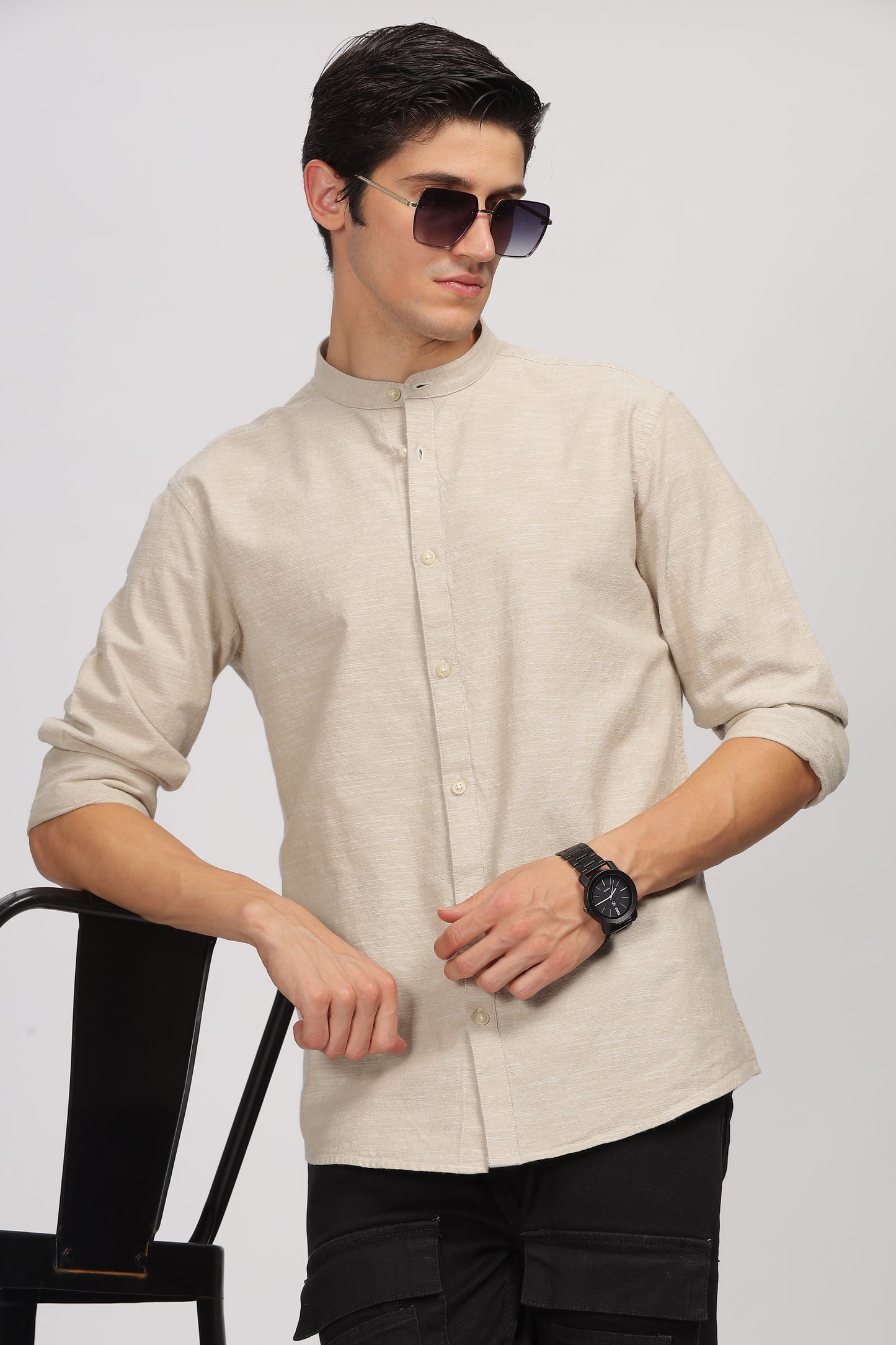 Uri Beige Mandarin Collar Shirt