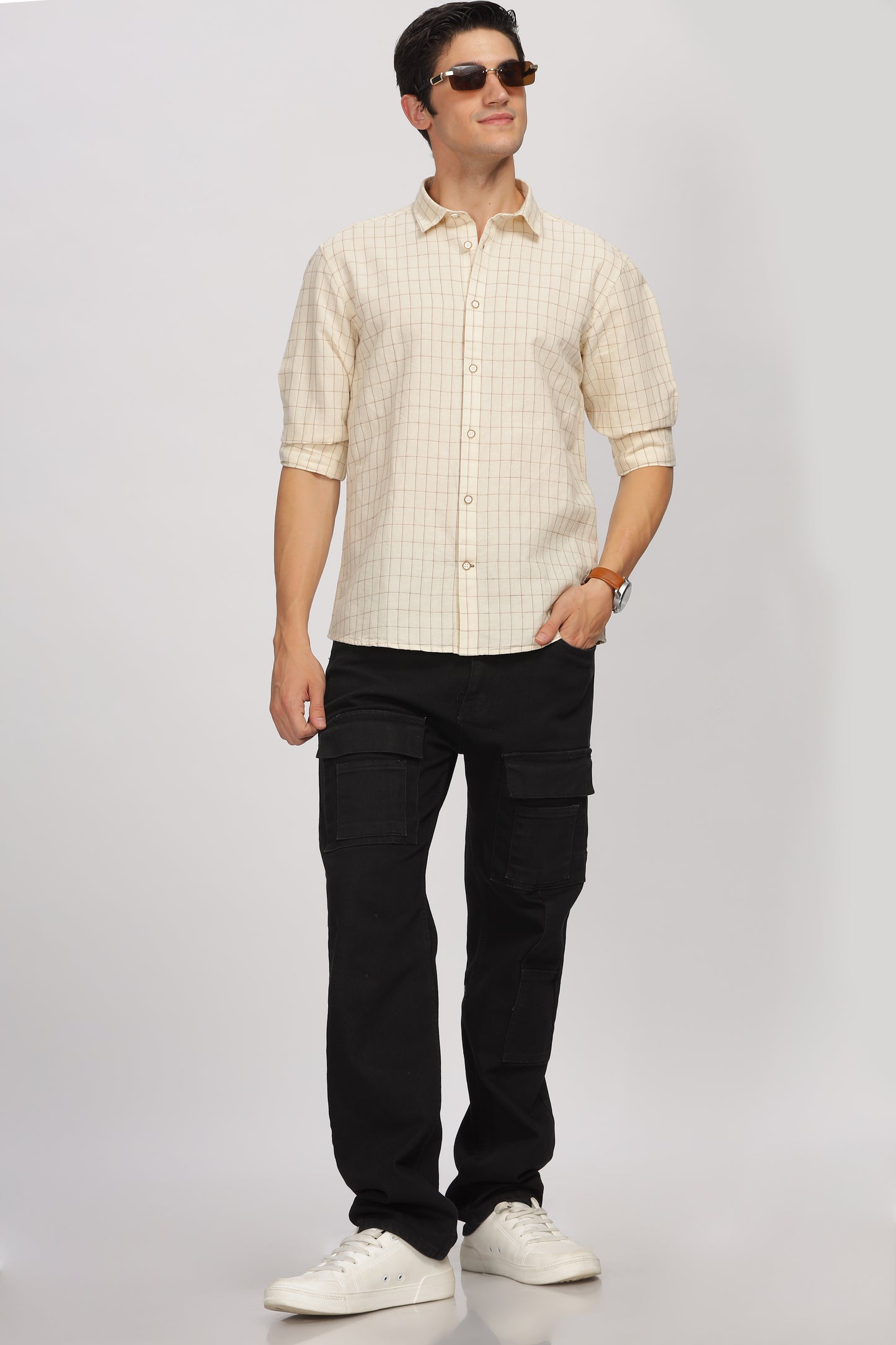 Uri Beige Linen Checked Spread Collar Shirt