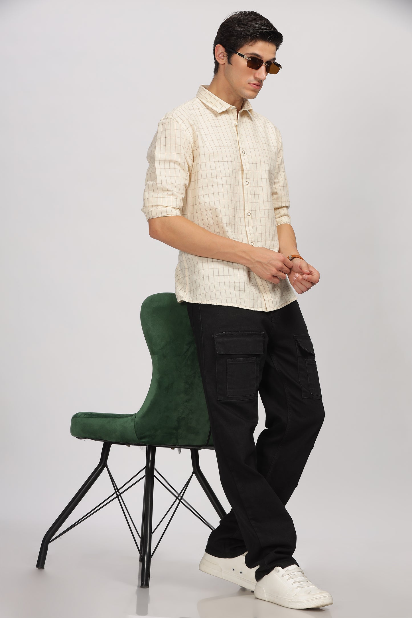 Uri Beige Linen Checked Spread Collar Shirt