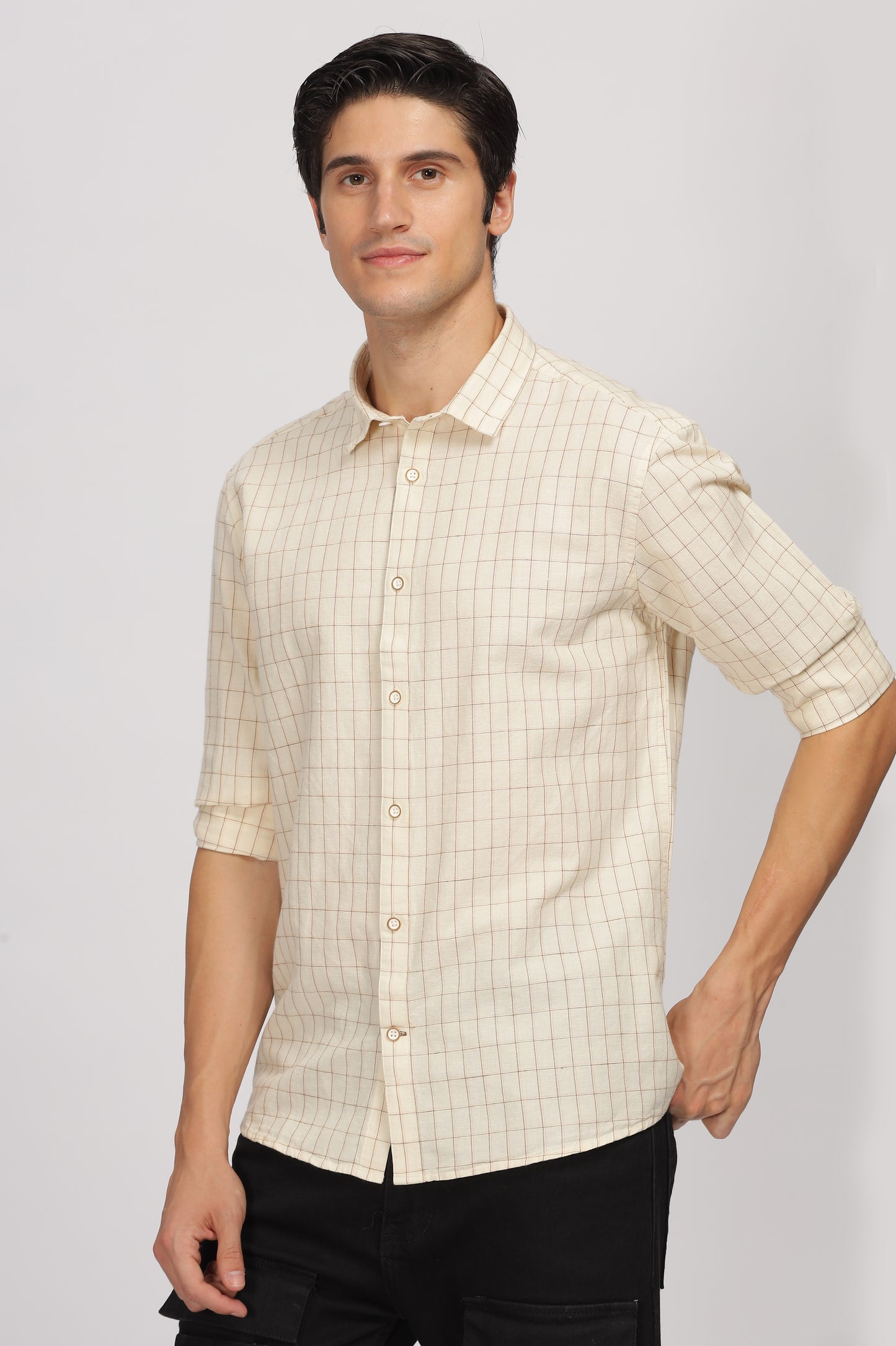 Uri Beige Linen Checked Spread Collar Shirt
