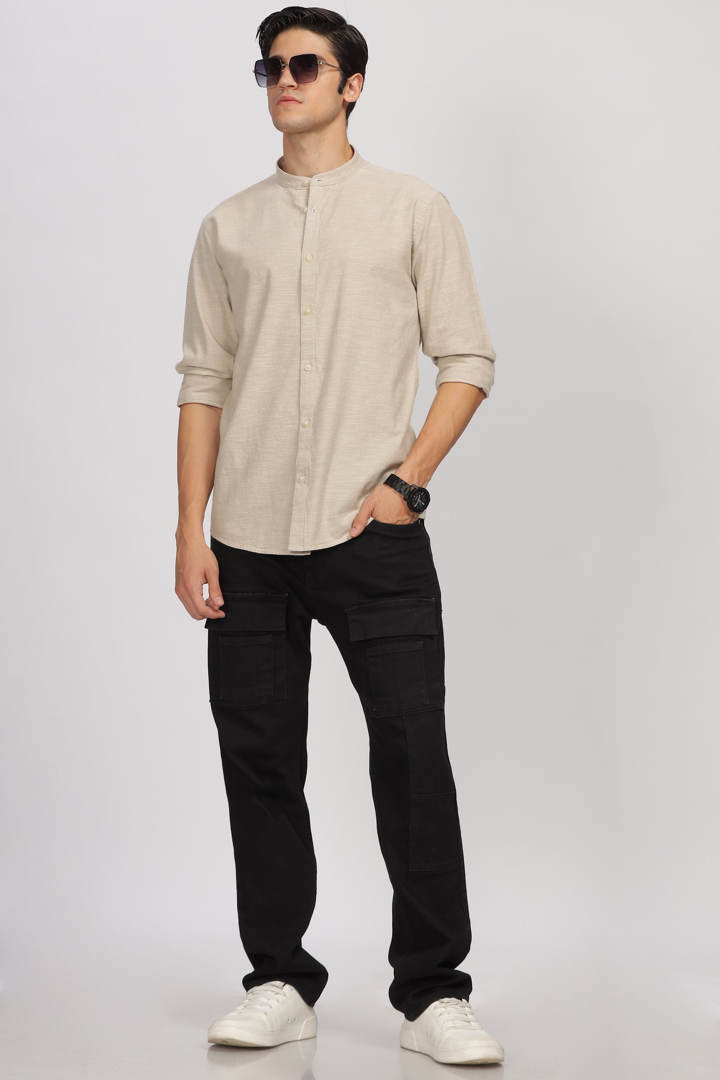 Uri Beige Mandarin Collar Shirt