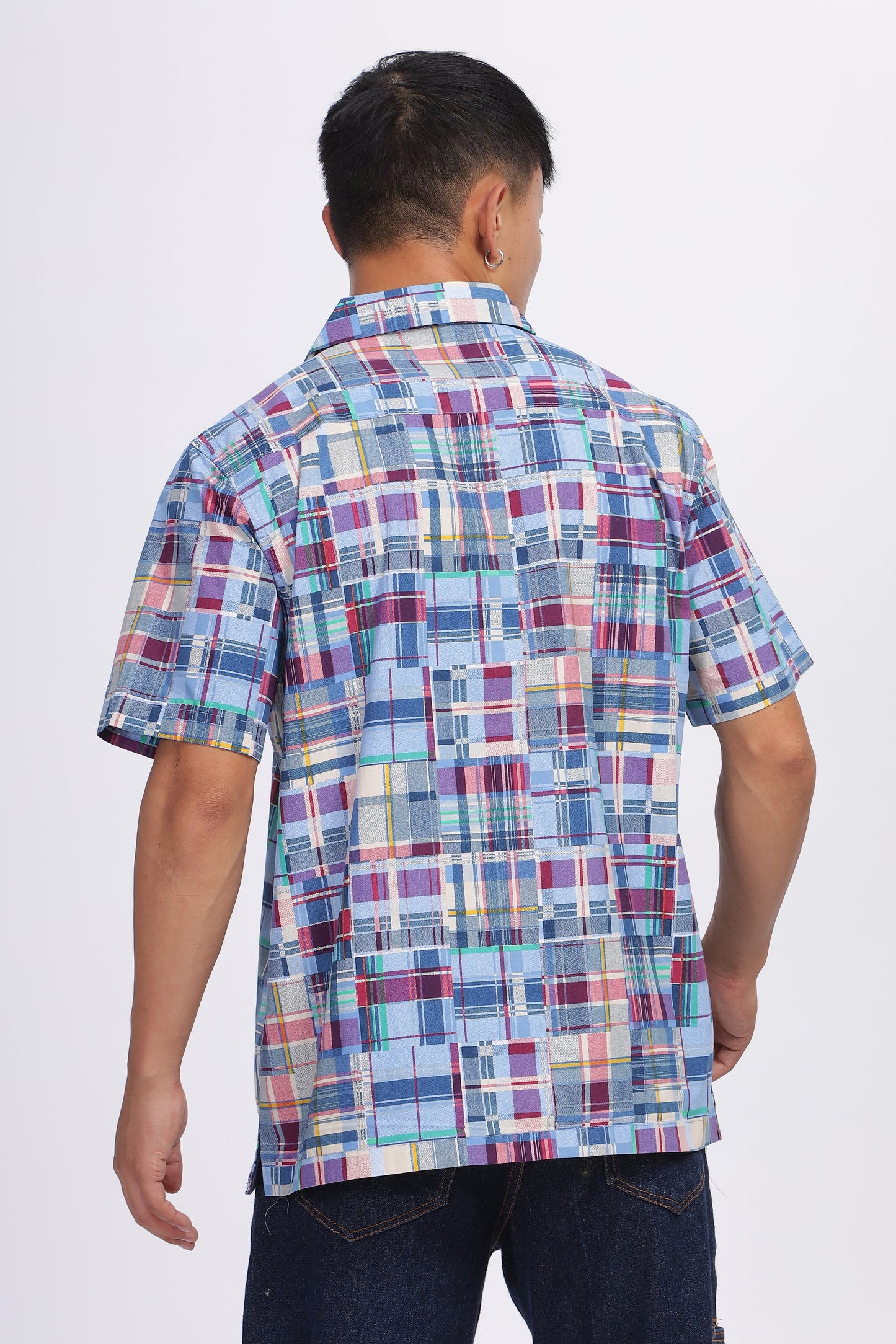 Uri Cuban Collar Patch Work Half Sleeve Casual Shirt