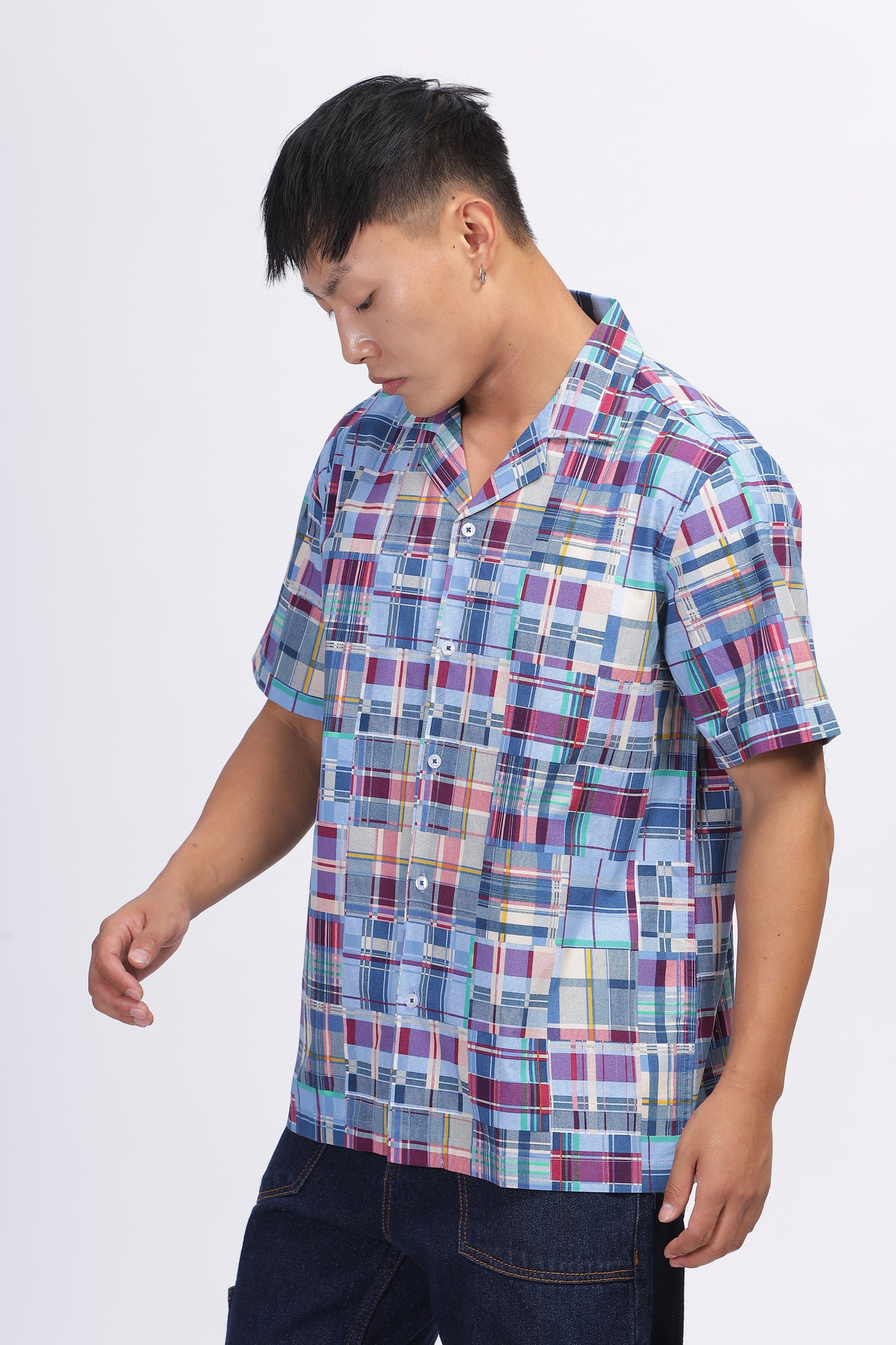 Uri Cuban Collar Patch Work Half Sleeve Casual Shirt