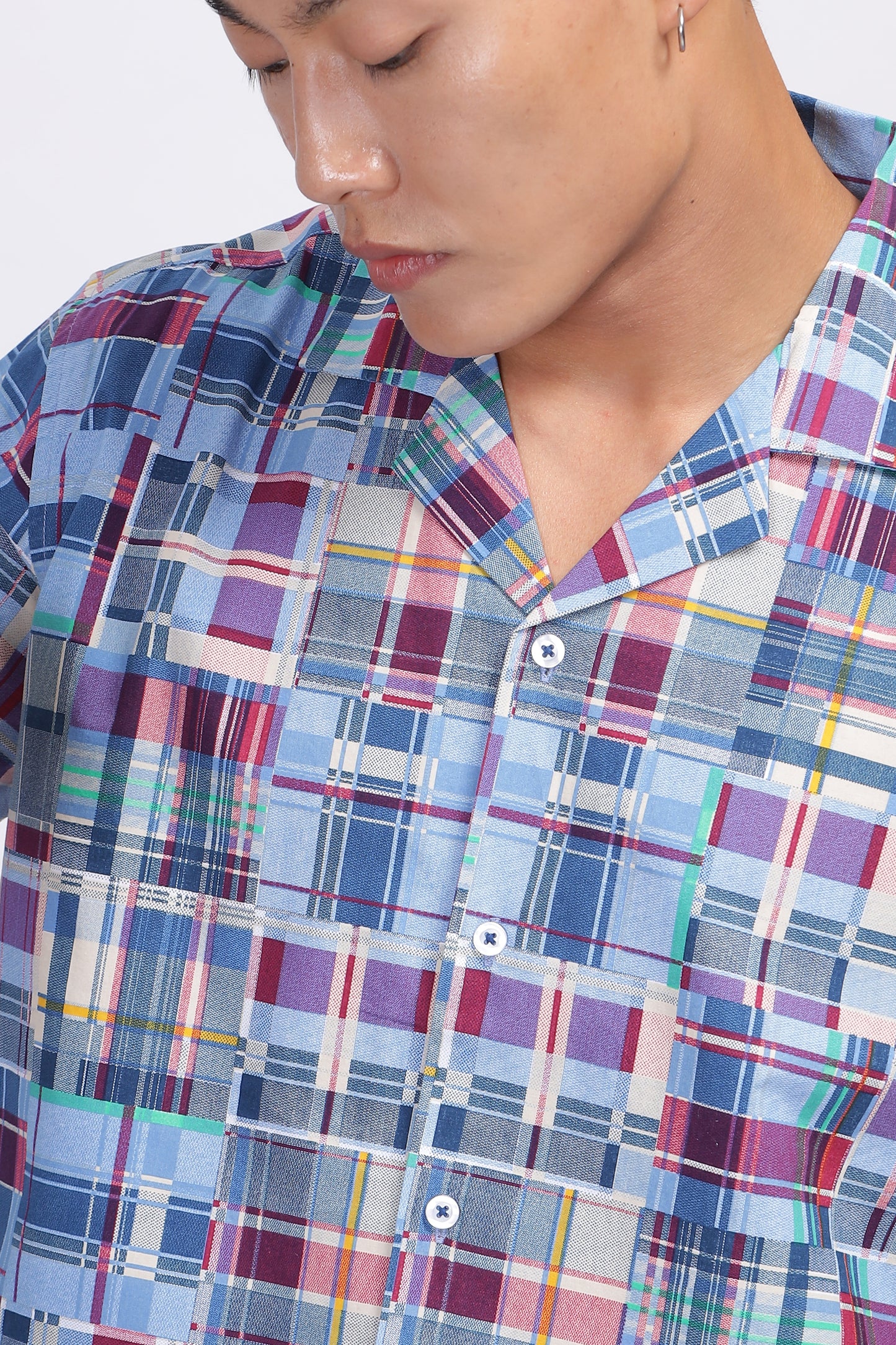 Uri Cuban Collar Patch Work Half Sleeve Casual Shirt
