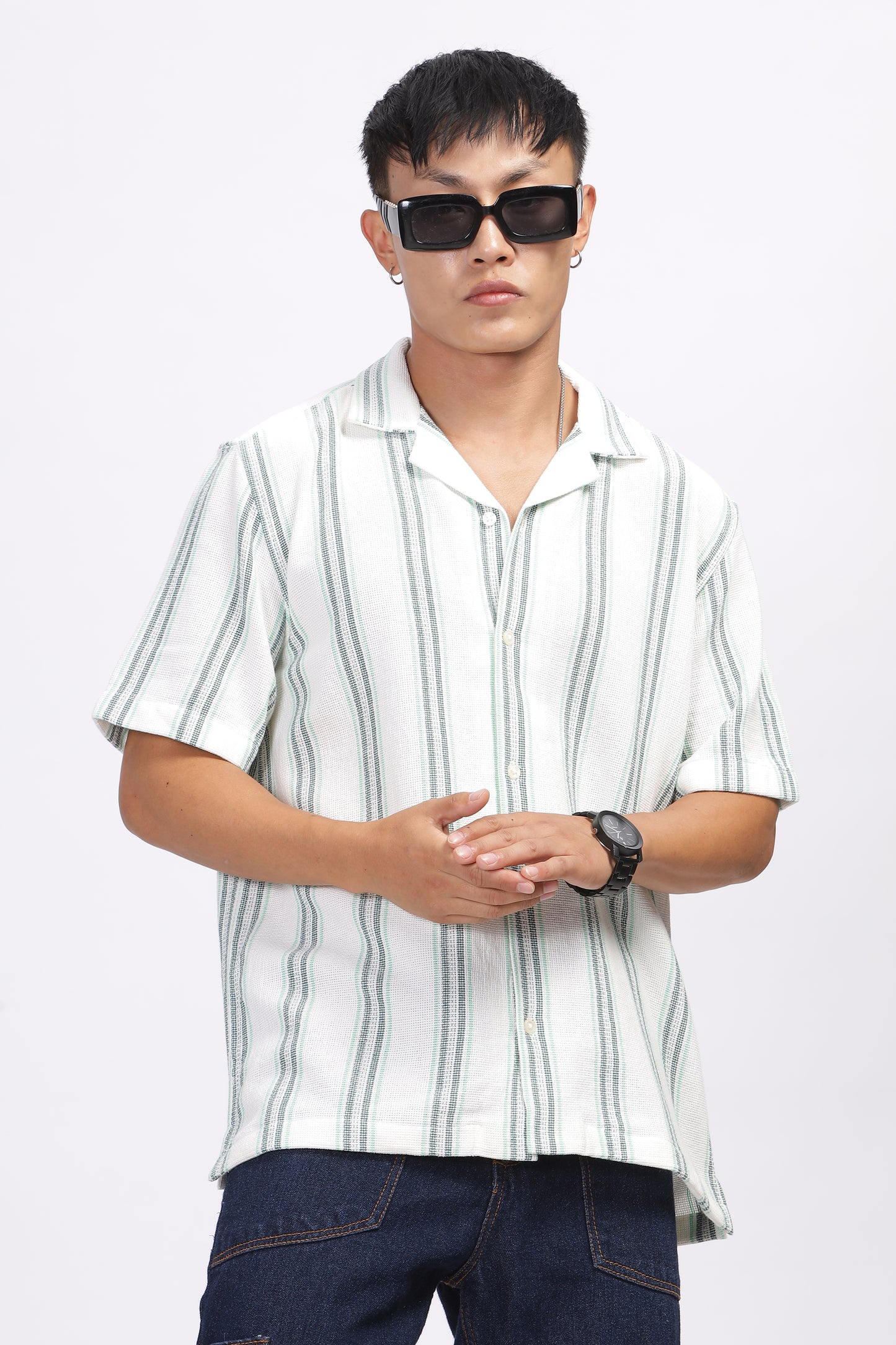Uri Off White Cuban Collar Matte Weave Shirt
