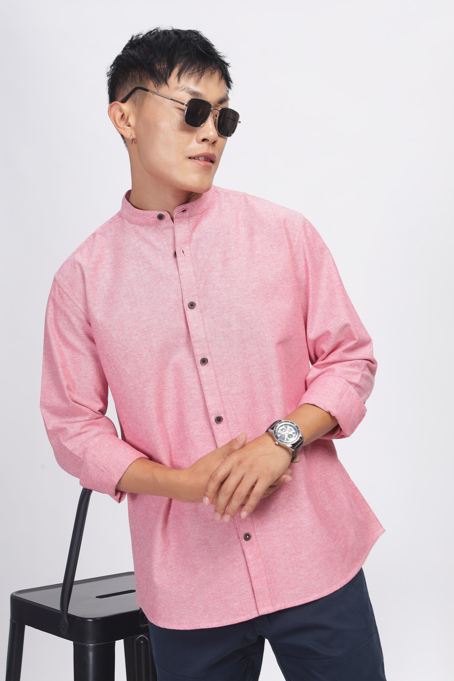 Uri Mauve Mandarin Collar Oxford Shirt