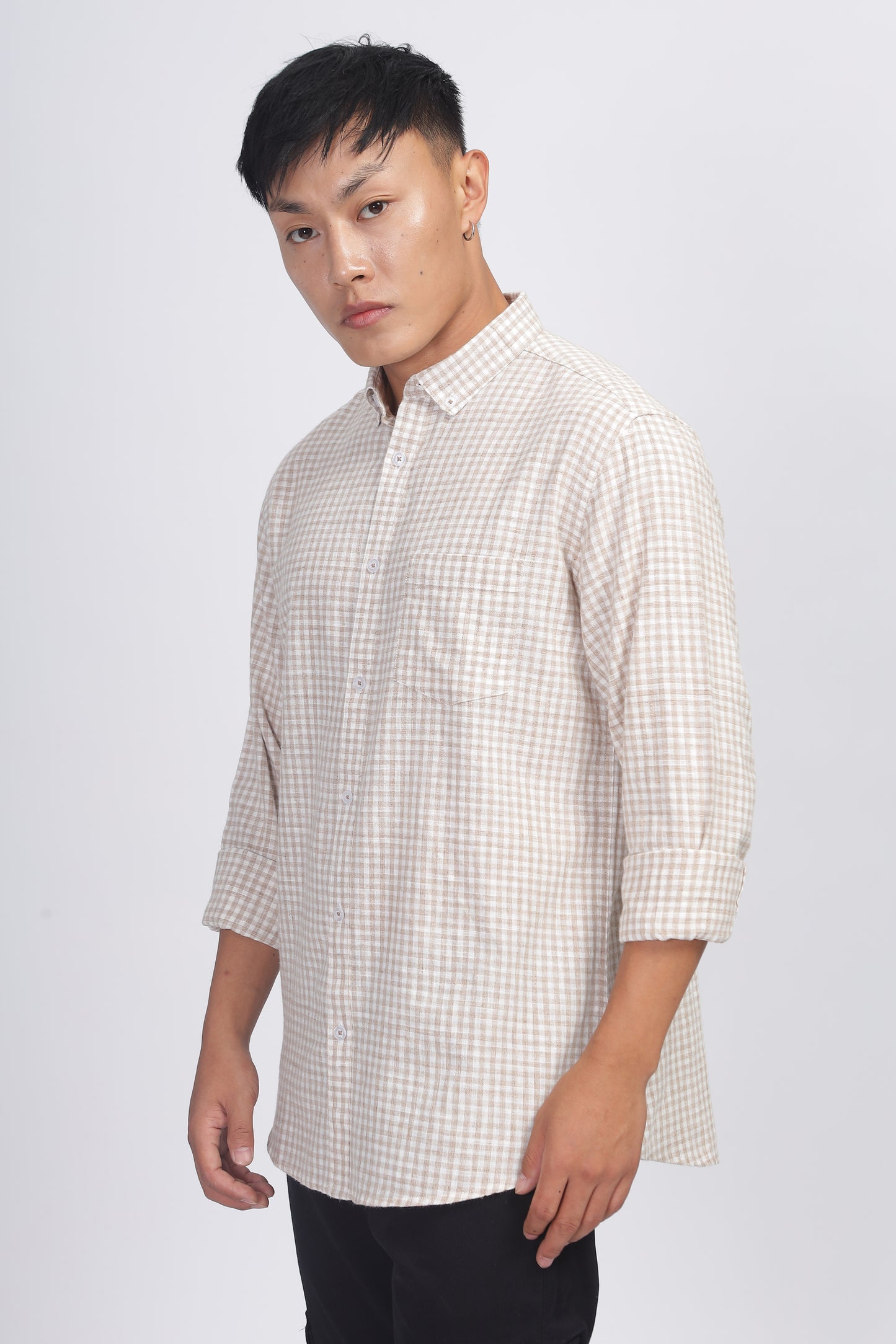Uri Light Brown Gingham Check Cotton Shirt