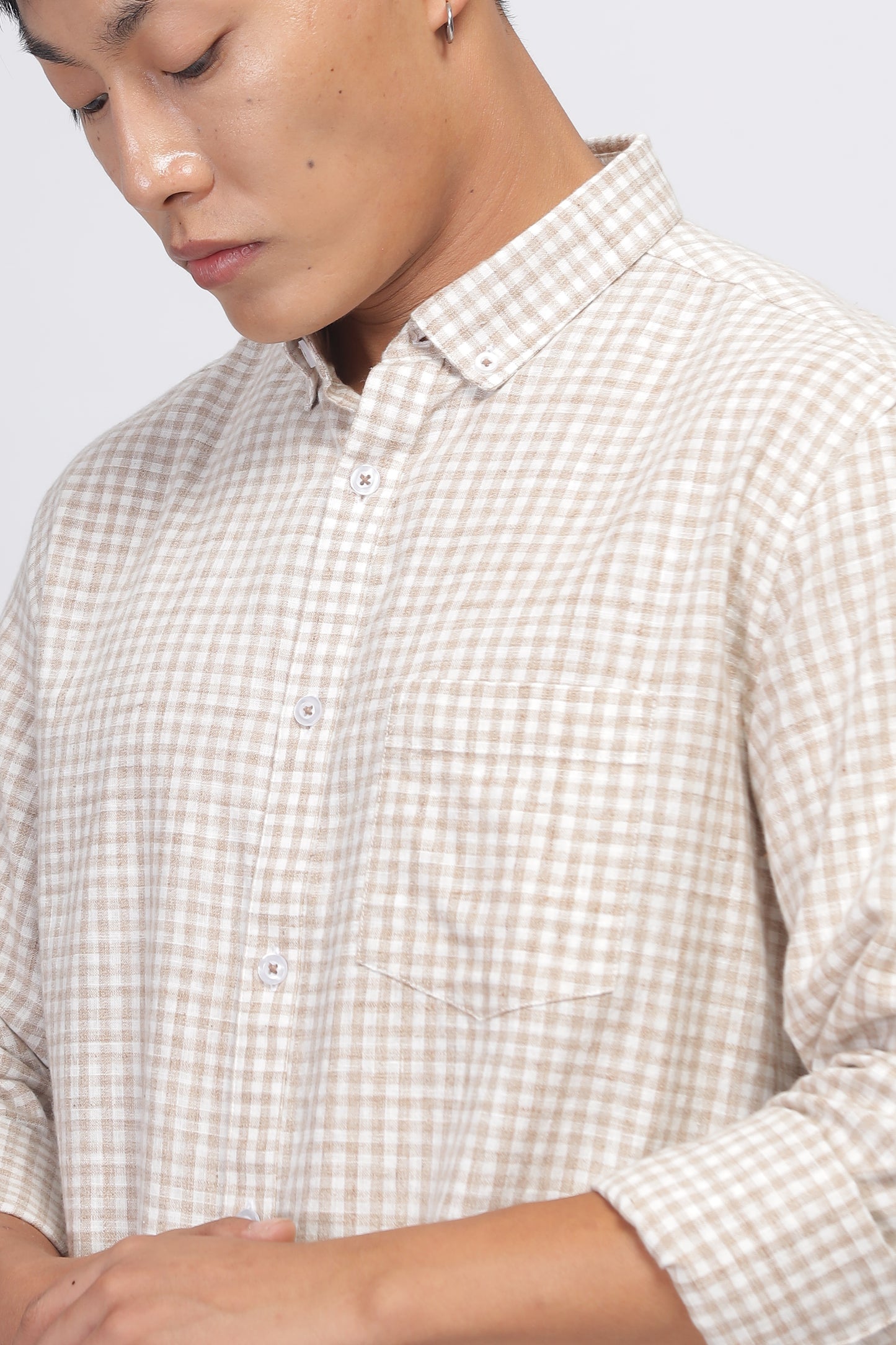 Uri Light Brown Gingham Check Cotton Shirt