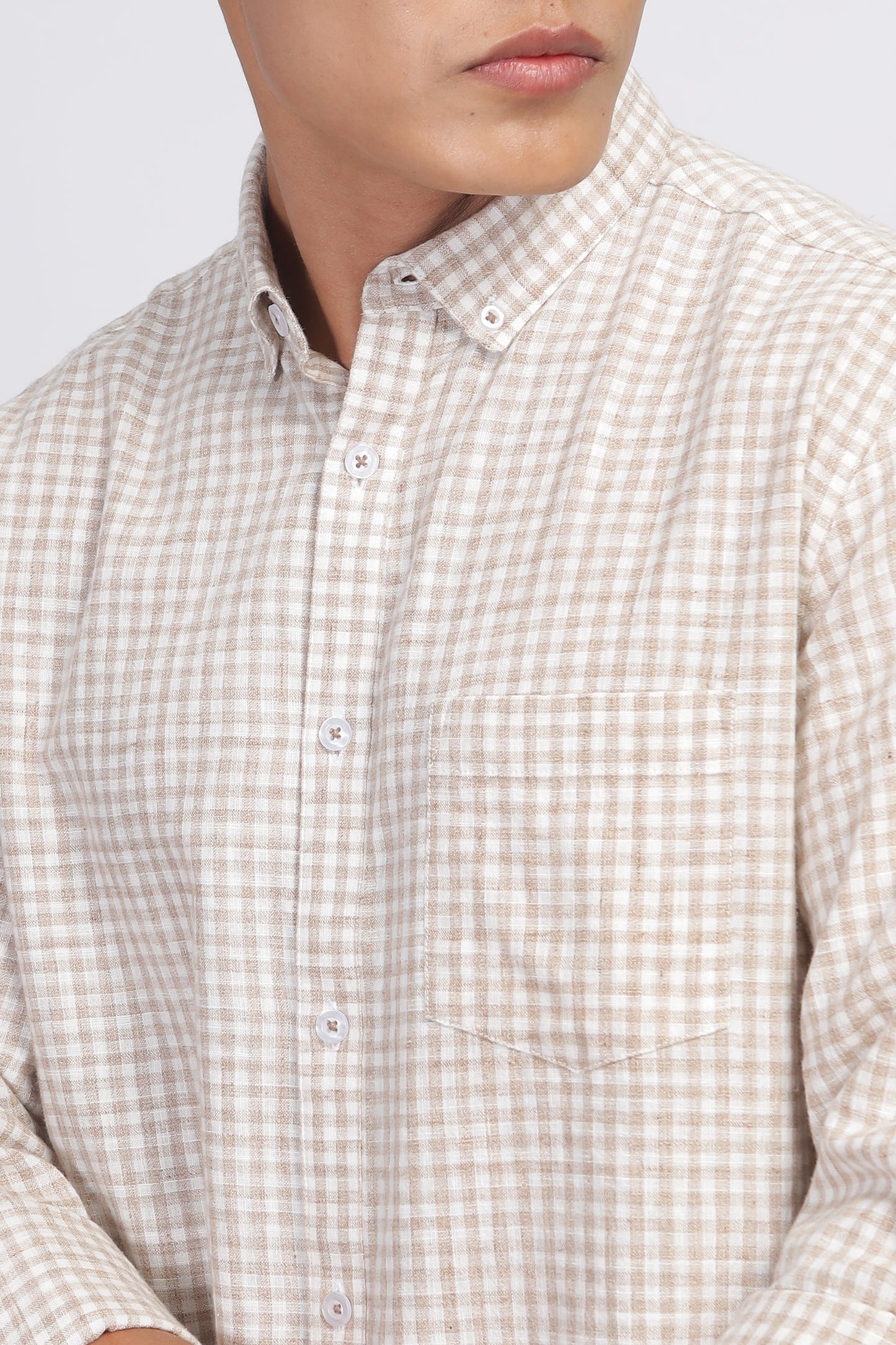 Uri Light Brown Gingham Check Cotton Shirt