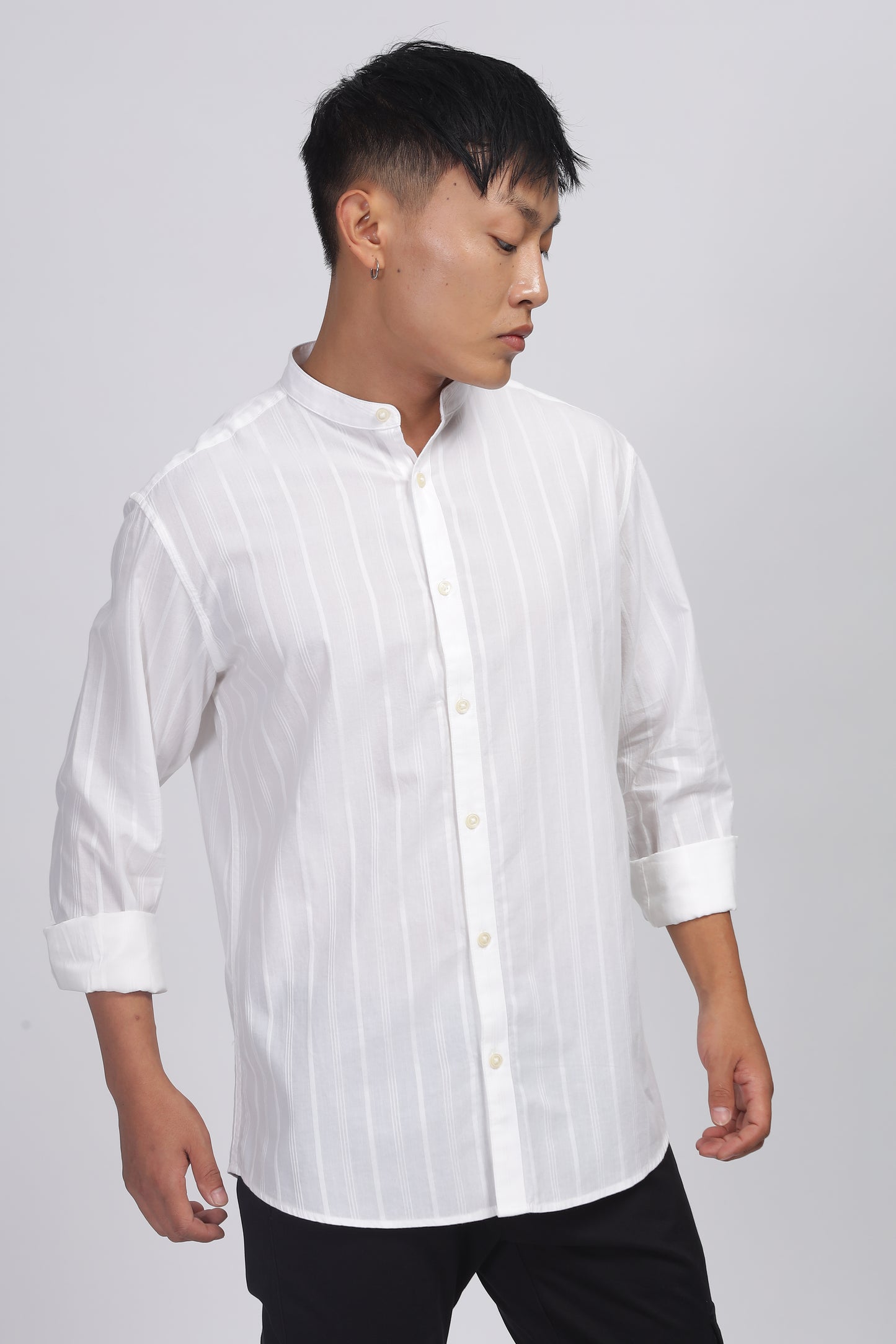 Uri White Striped Mandarin Collar Shirt