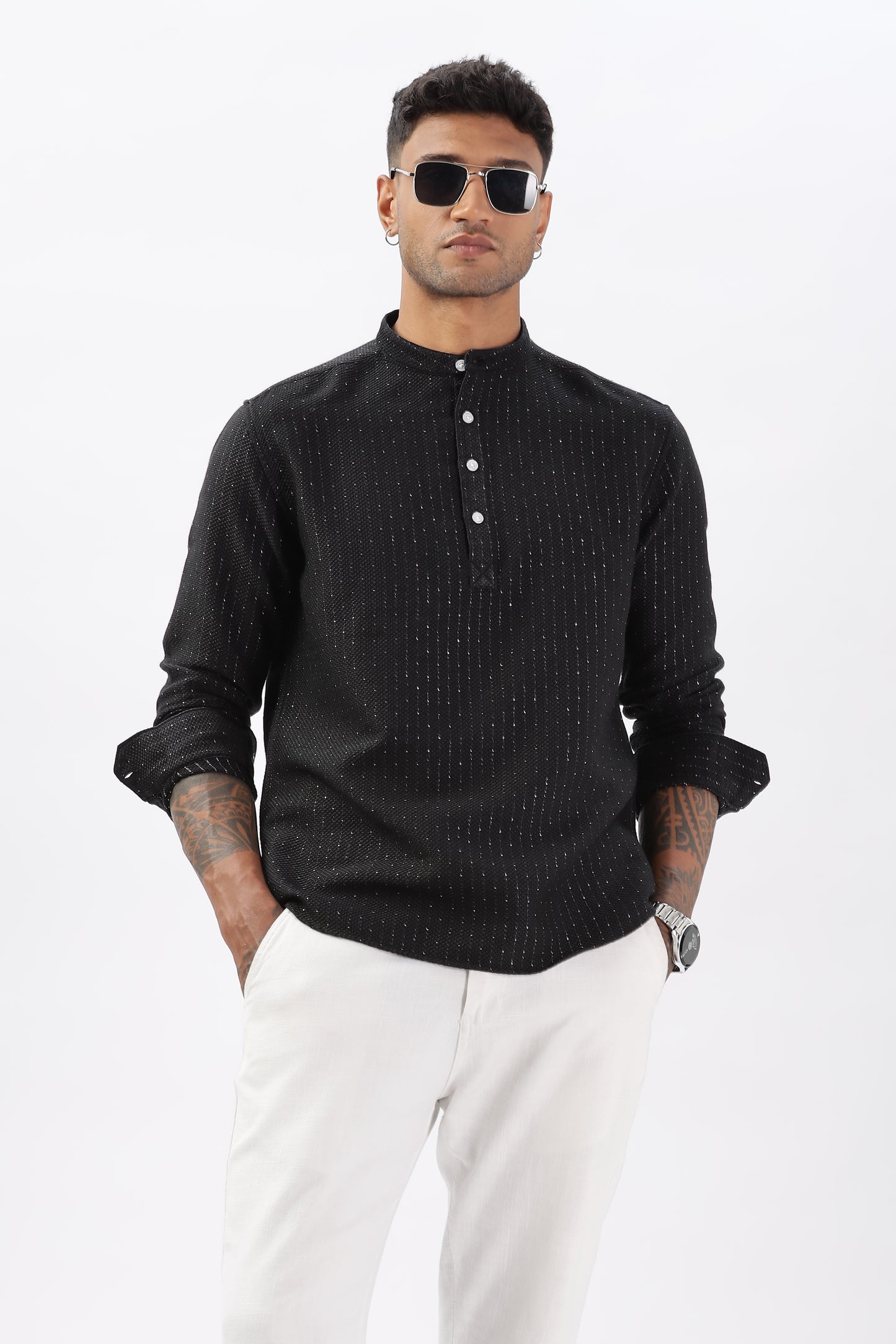 Uri Black Self Design Short Kurta