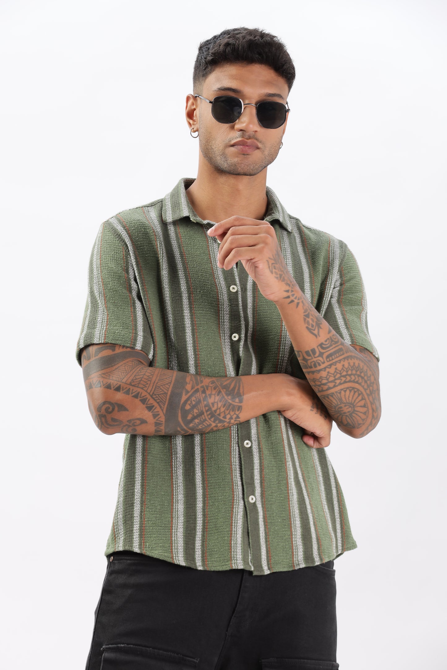 Uri Green Matte Weave Half Sleeve Shirt