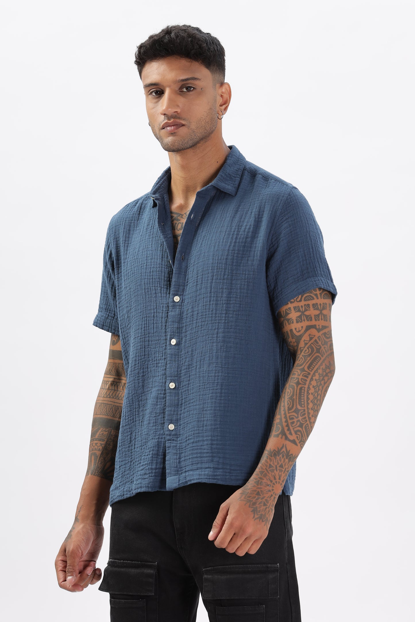 Uri Textured Boxy Fit Blue Shirt