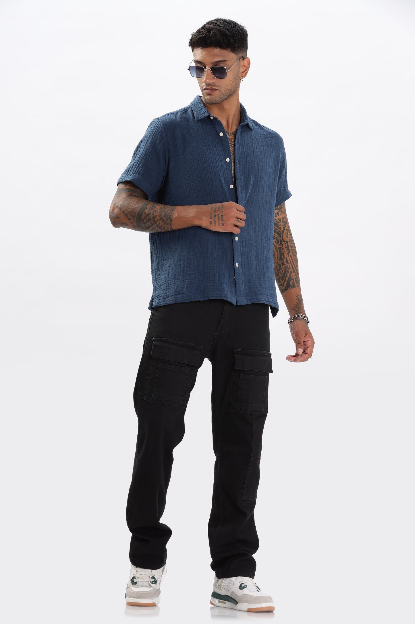 Uri Textured Boxy Fit Blue Shirt